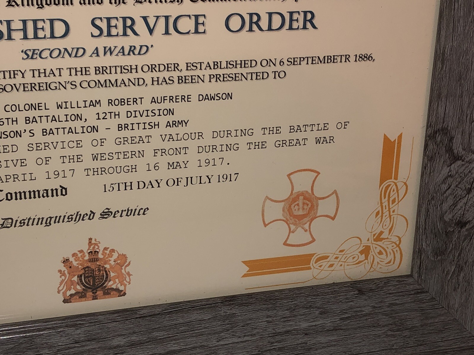DISTINGUISHED SERVICE ORDER 2ND AWARD [UK] COMMEMORATIVE CERTIFICATE ~ Type 1