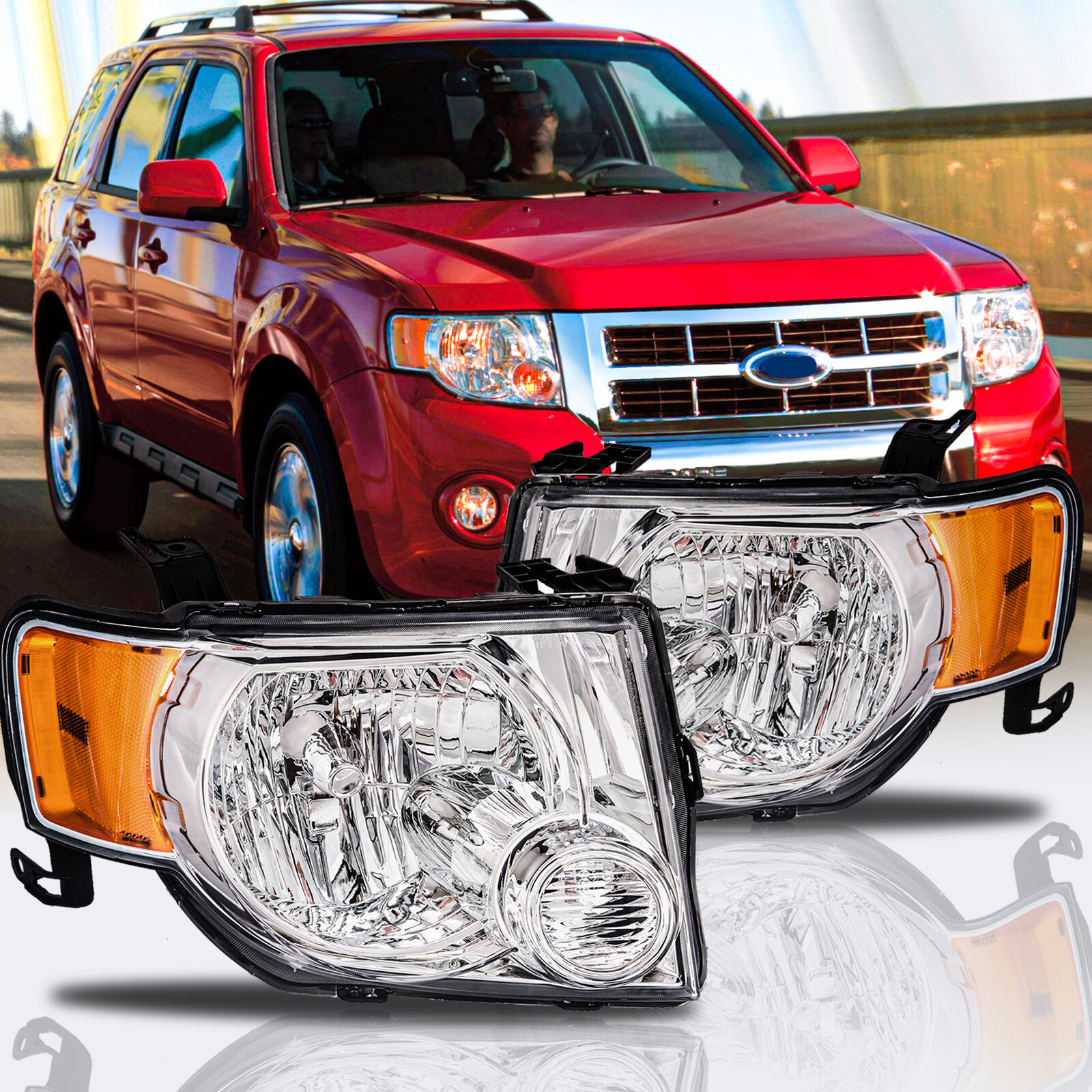 Fit For 2008-2012 Ford Escape Chrome Housing Amber Corner Headlights Assembly