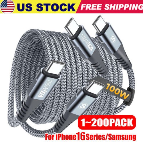 60W USB C to C Cable Fast Charge PD Nylon Cord 3/6/10FT for iPhone16 Samsung lot