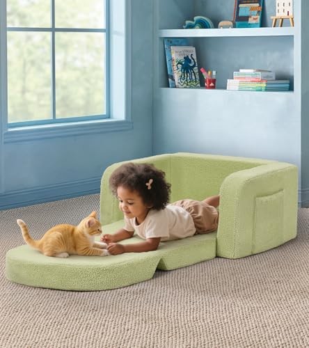 Kids Couch, 2-in-1 Soft Toddler Couch Fold Out with Medium Green Rainbow
