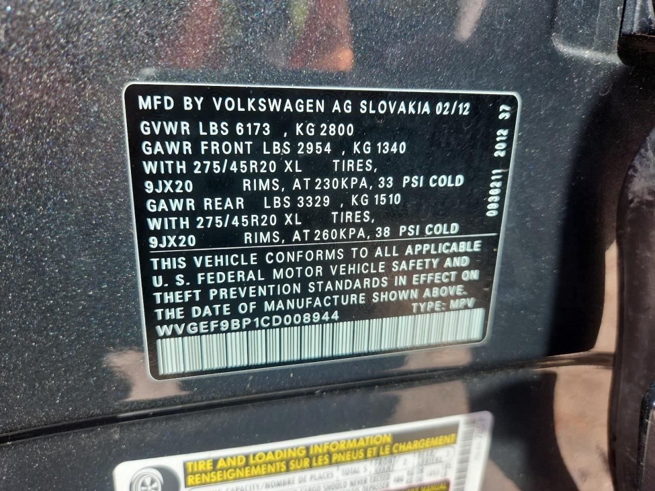 TOUAREG 2012 Glove Box 4886487