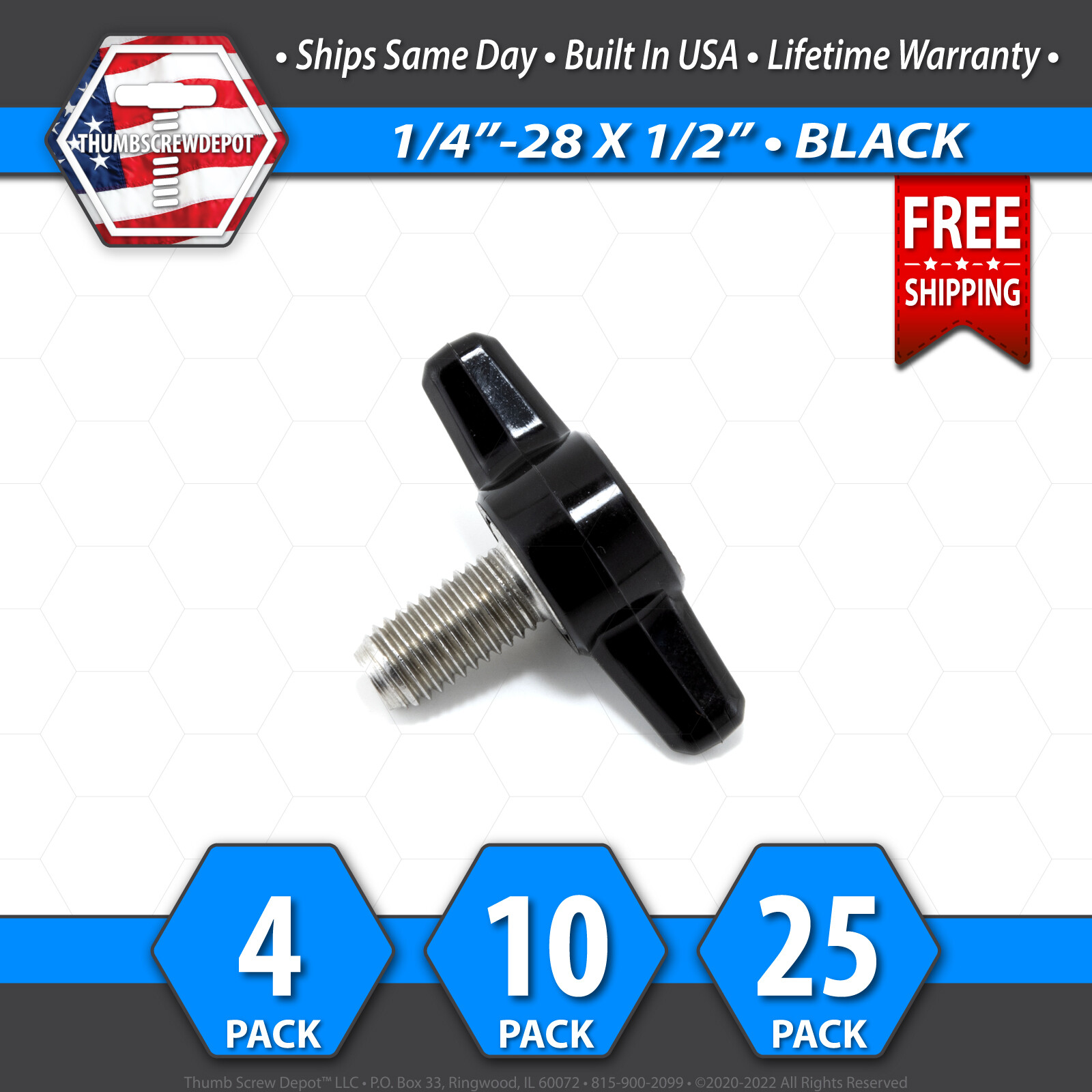 1/4"-28 x 1/2" Thumb Screw Stainless Steel - Black Tee / Wing Knob - USA