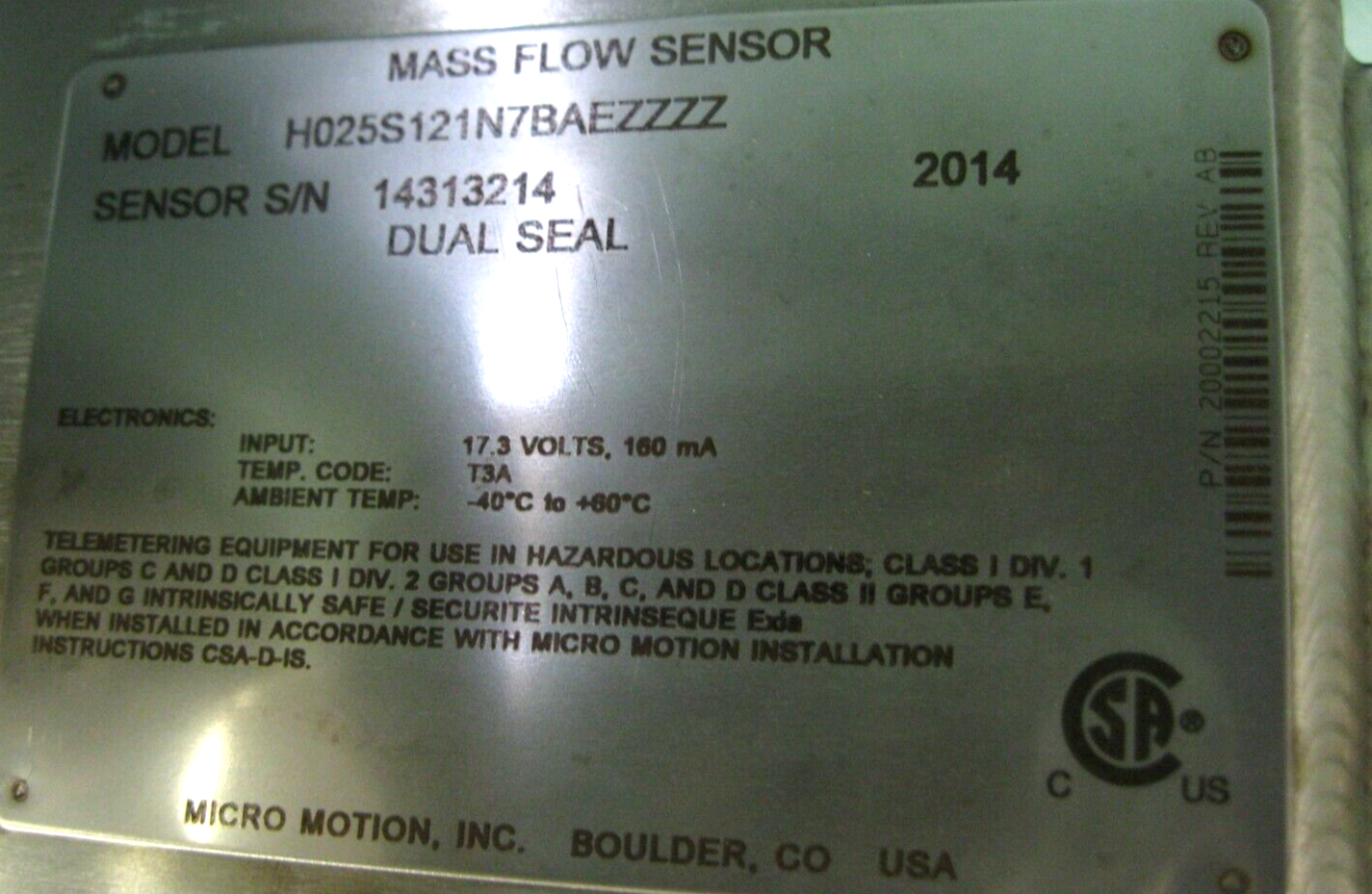 1/2" Micro Motion H025 Hygienic Mass Flow Sensor 800 Enhanced Core Processor C19