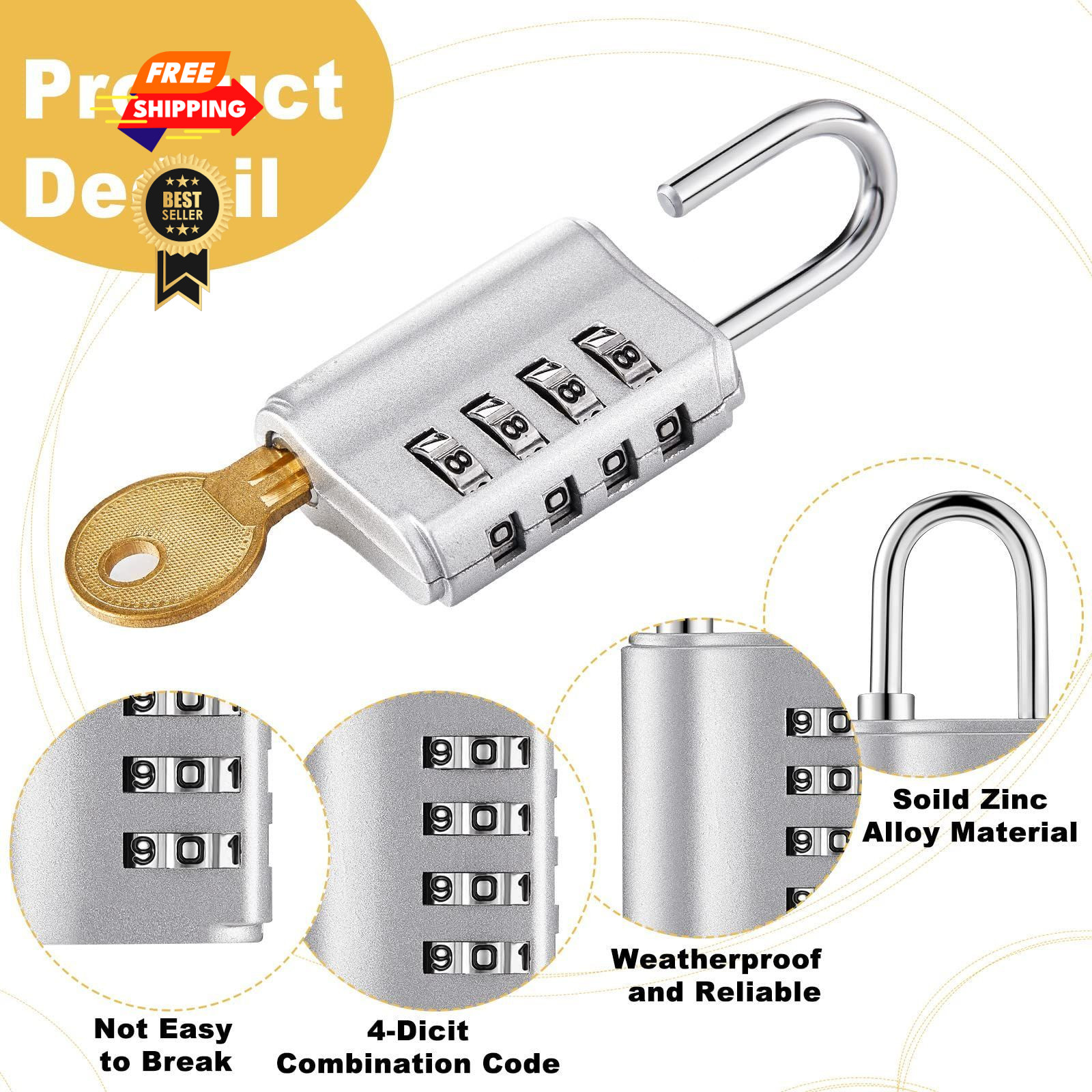 Kenning 10 Pcs Combination Padlock 4 Digit Lock Silver and Black