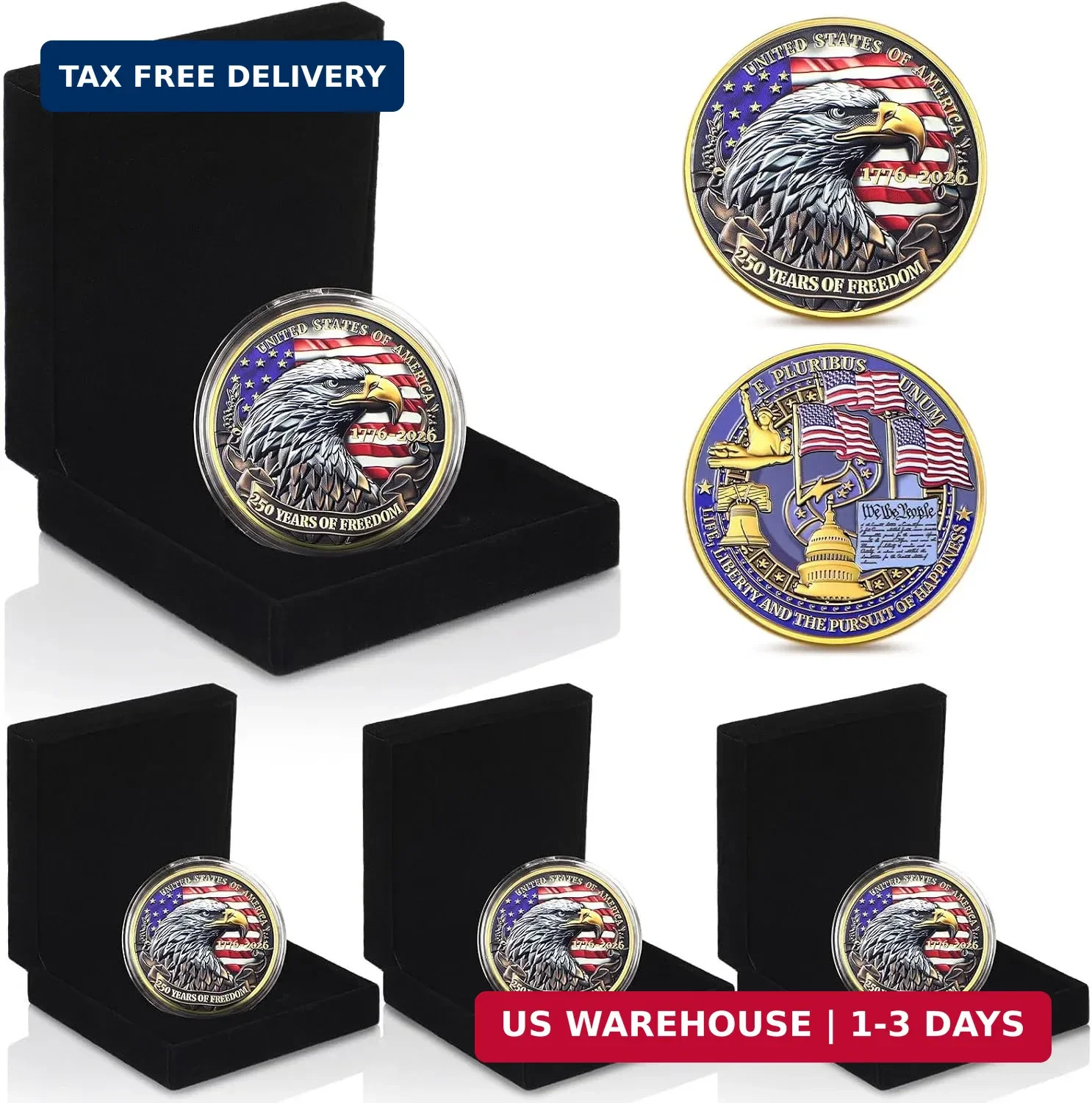 4 Sets 250th Anniversary Commemorative Coins with Display Cases 1776-2026 USA Ea