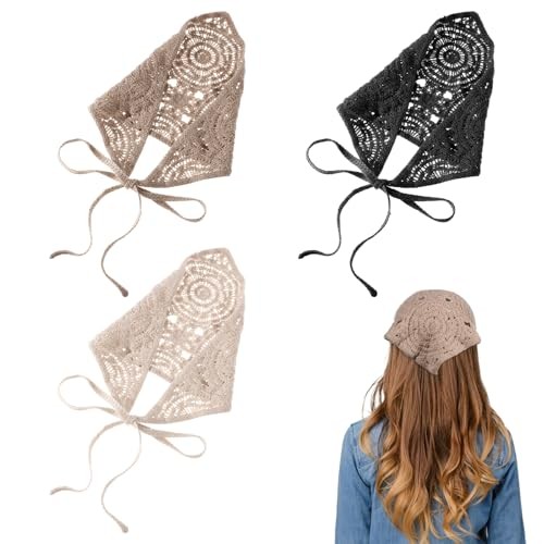 3 PCS Crochet Head Scarf Floral Crochet Hollow Hair Bandana Boho Vintage