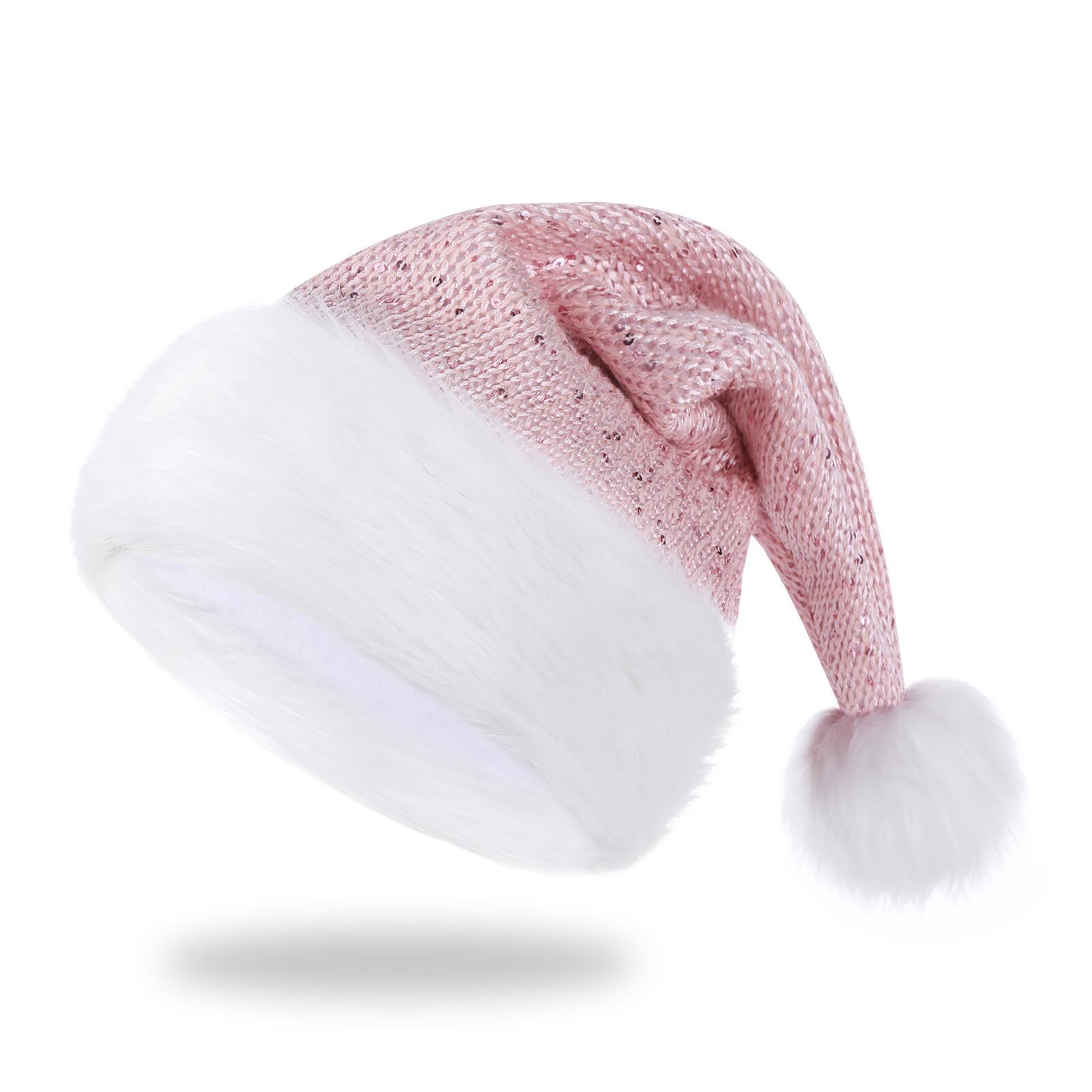 Knitted Christmas Hat Santa Hat with Sequin & Faux Fur Brim for Holiday Party