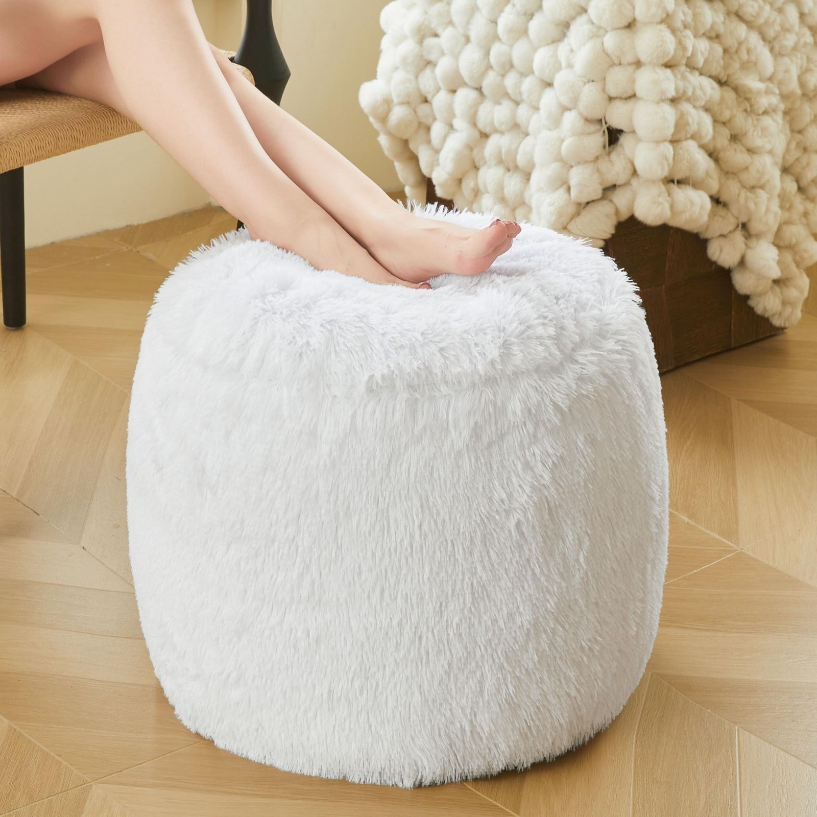 Fluffy Faux Fur Inflatable Pouf Ottoman, Comfy Shaggy Fuzzy Foot Stool Anti-S...