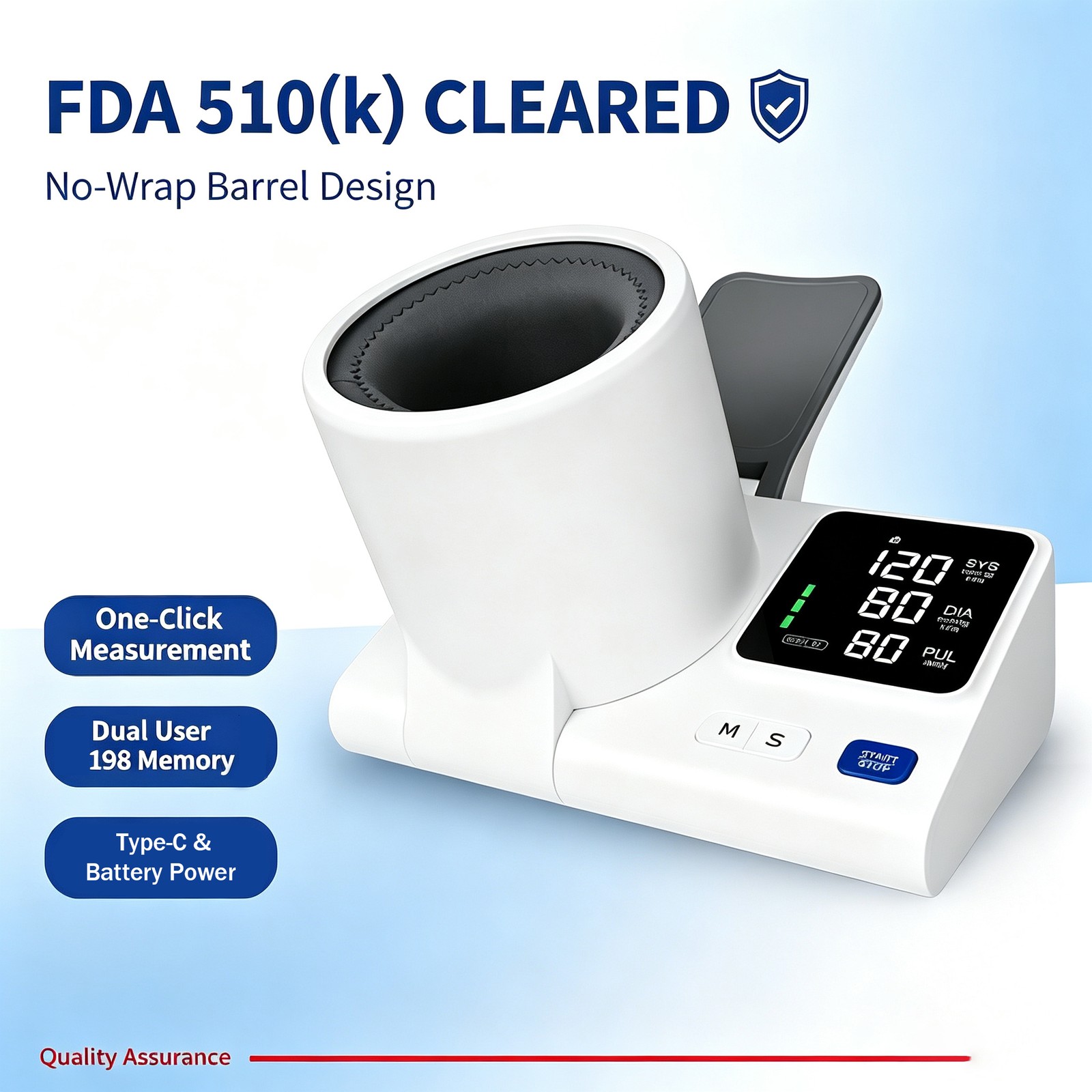No-Wrap Barrel BP Monitor 510(k) Cleared Wide Arm Fit Type-C Battery Dual Power