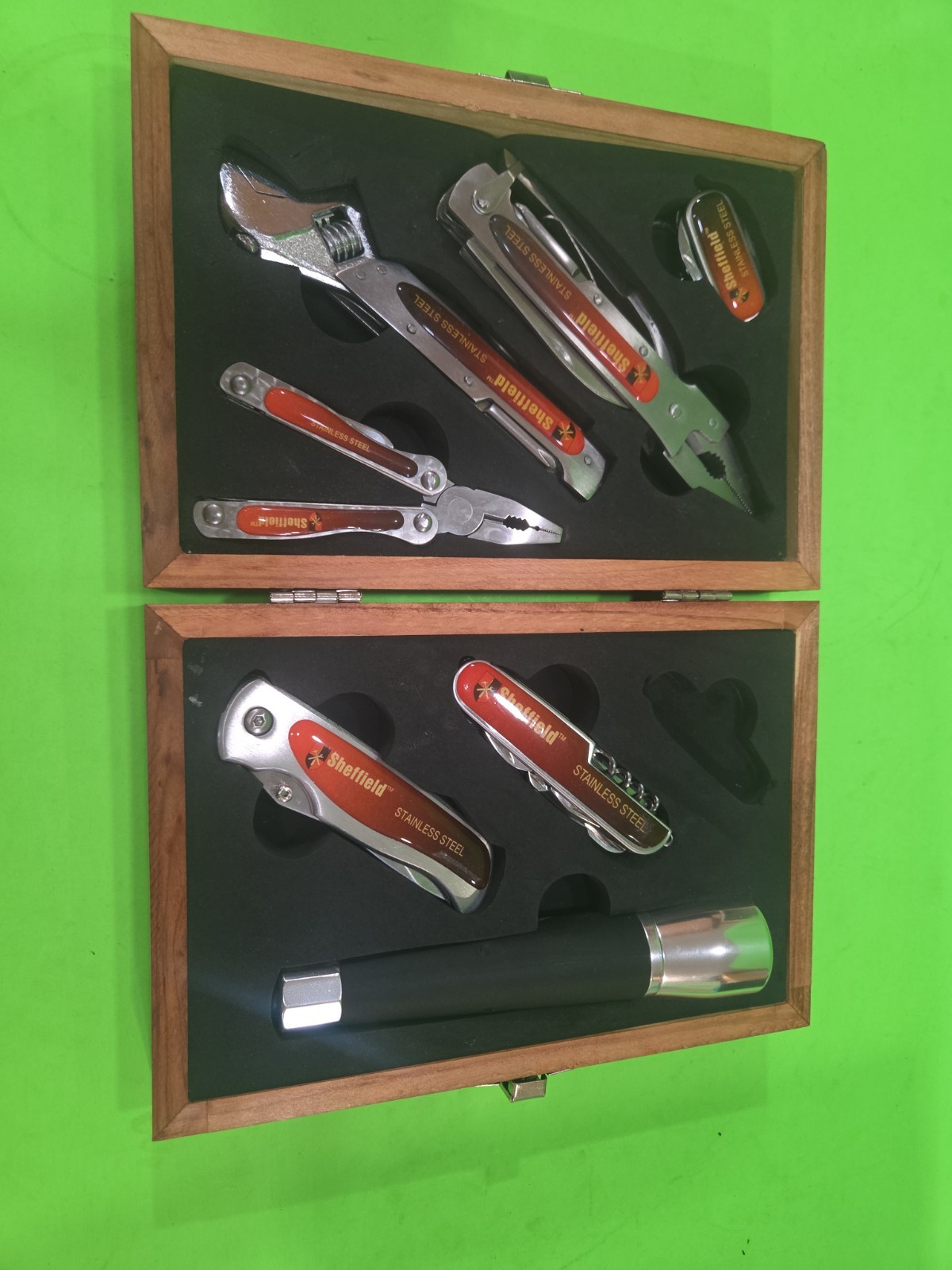 Sheffield Stainless-Steel 8-Piece Folding Multi-Tool Set in Wood Box