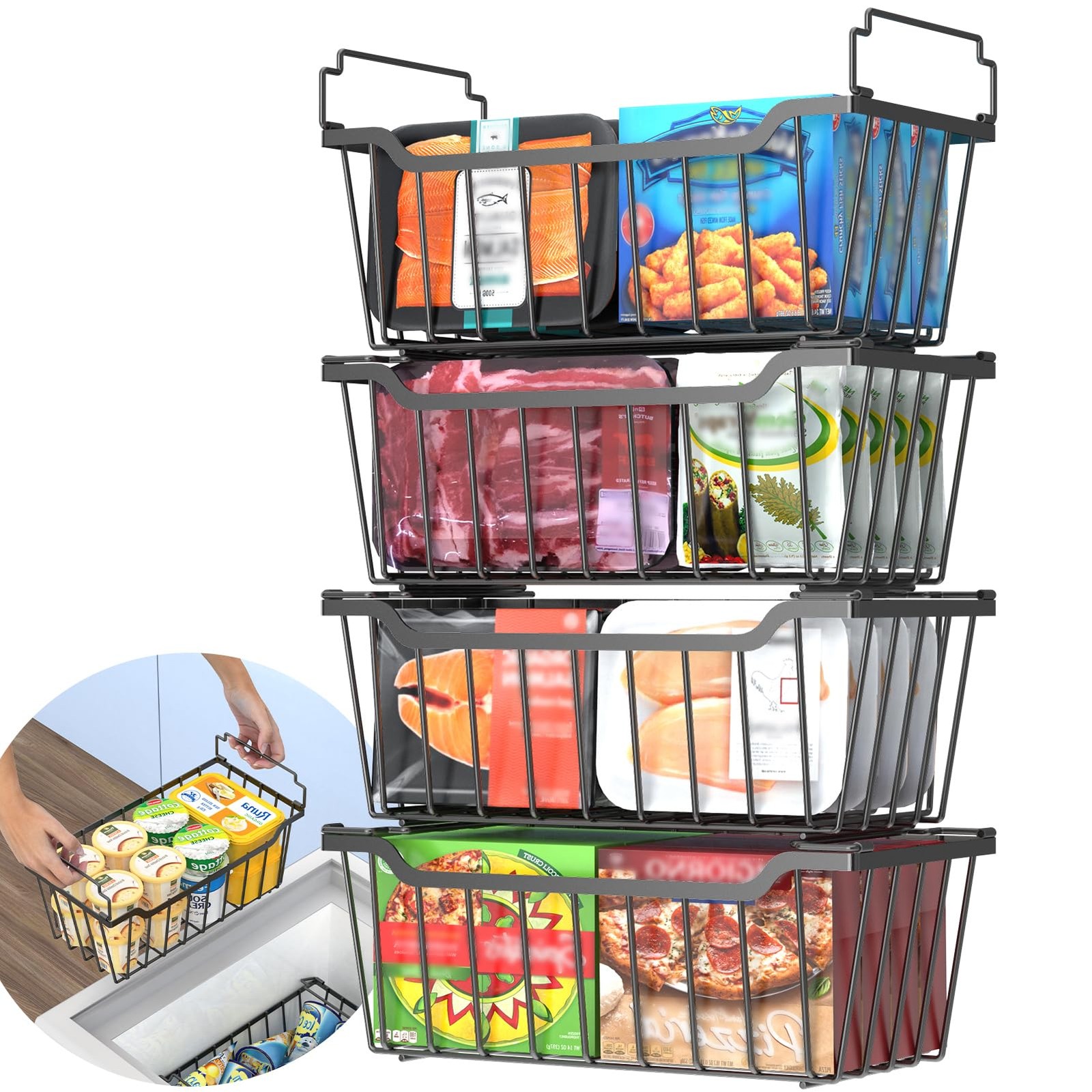 Freezer Organizer Bins 4 Pack, Stackable Metal Baskets for Deep Chest Freezer