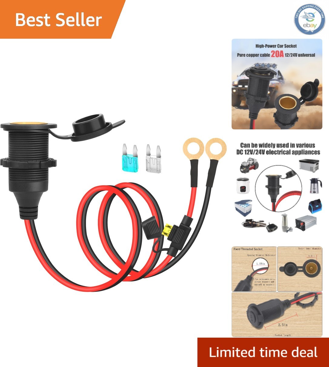 Fixed Thread 3FT Cigarette Lighter Socket Extension - Heavy Duty & Waterproof