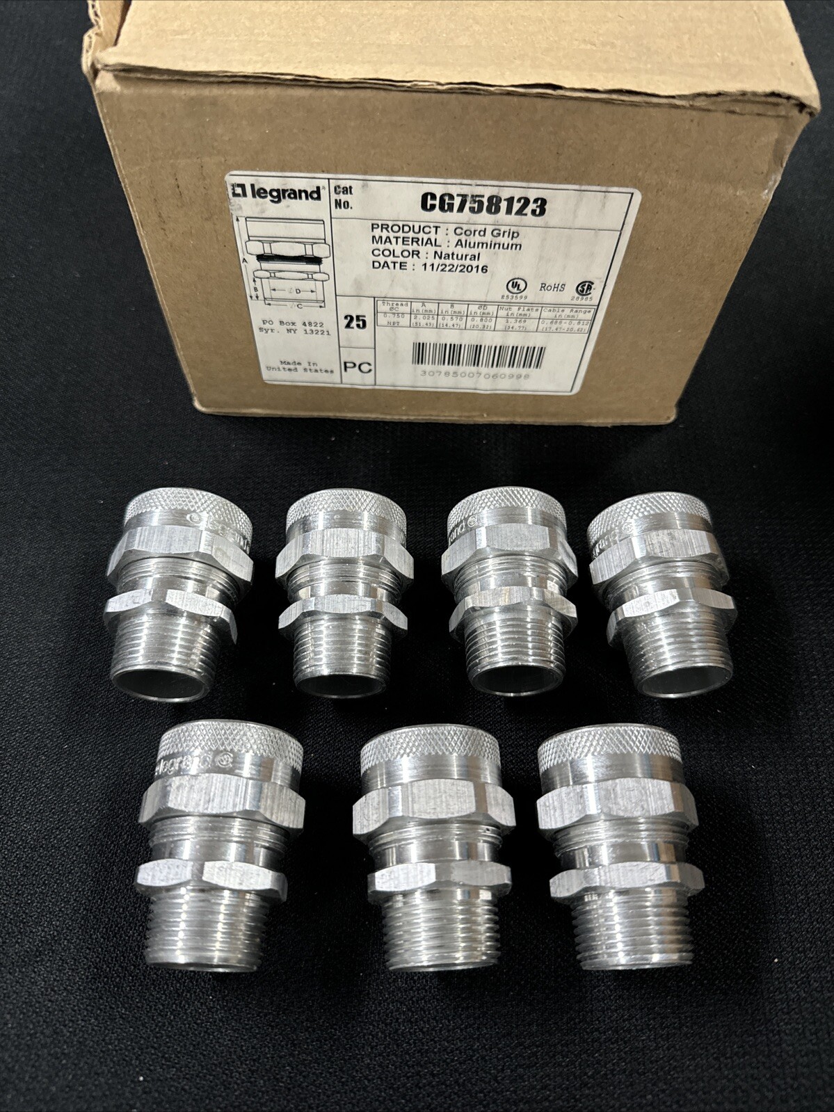 (LOT OF 7)  CG758123 LEGRAND ALUMINUM CORD GRIP PASS & SEYMOUR