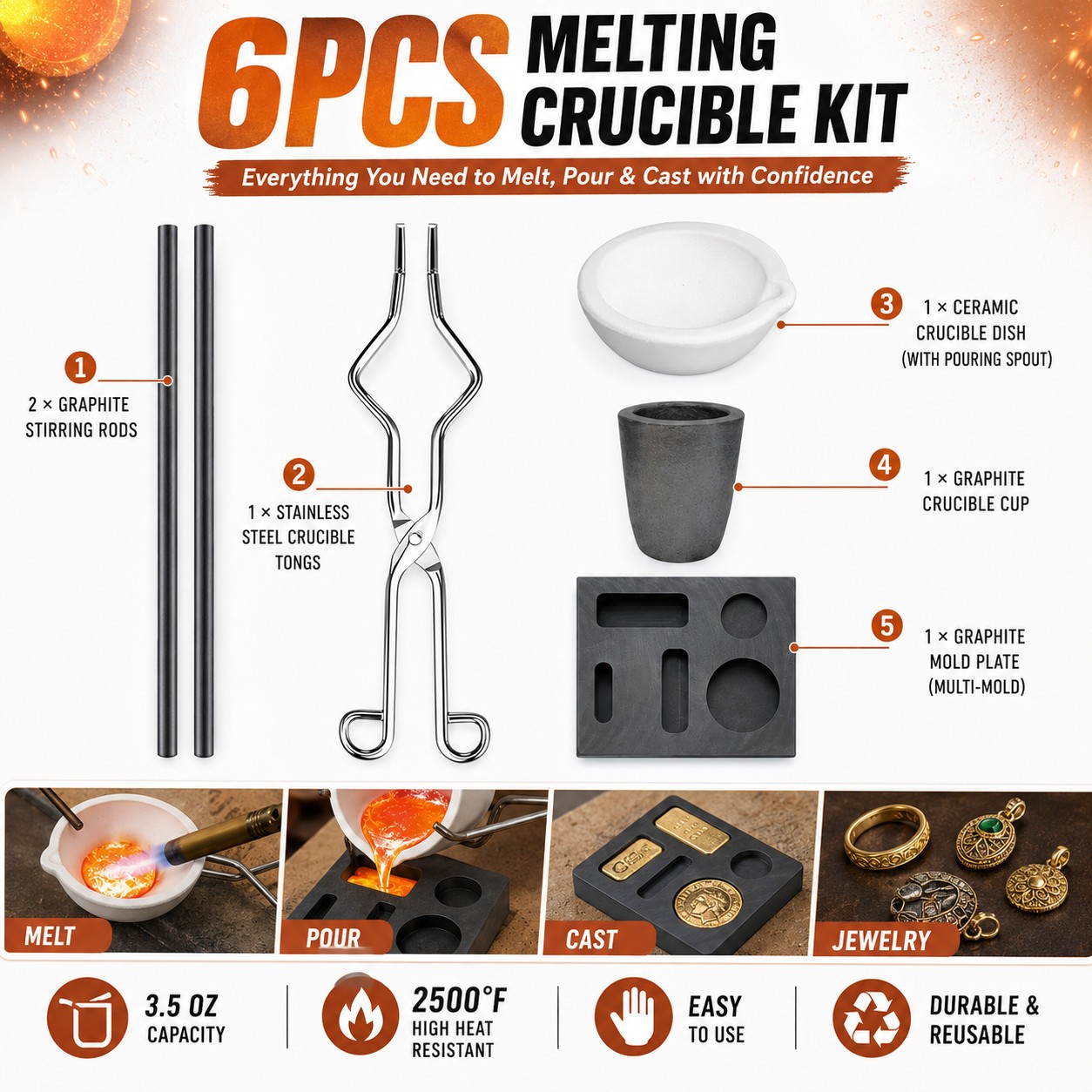 6Pack Graphite Ingot Crucible Mold Combo Torch Melting Gold Silver Copper Tools