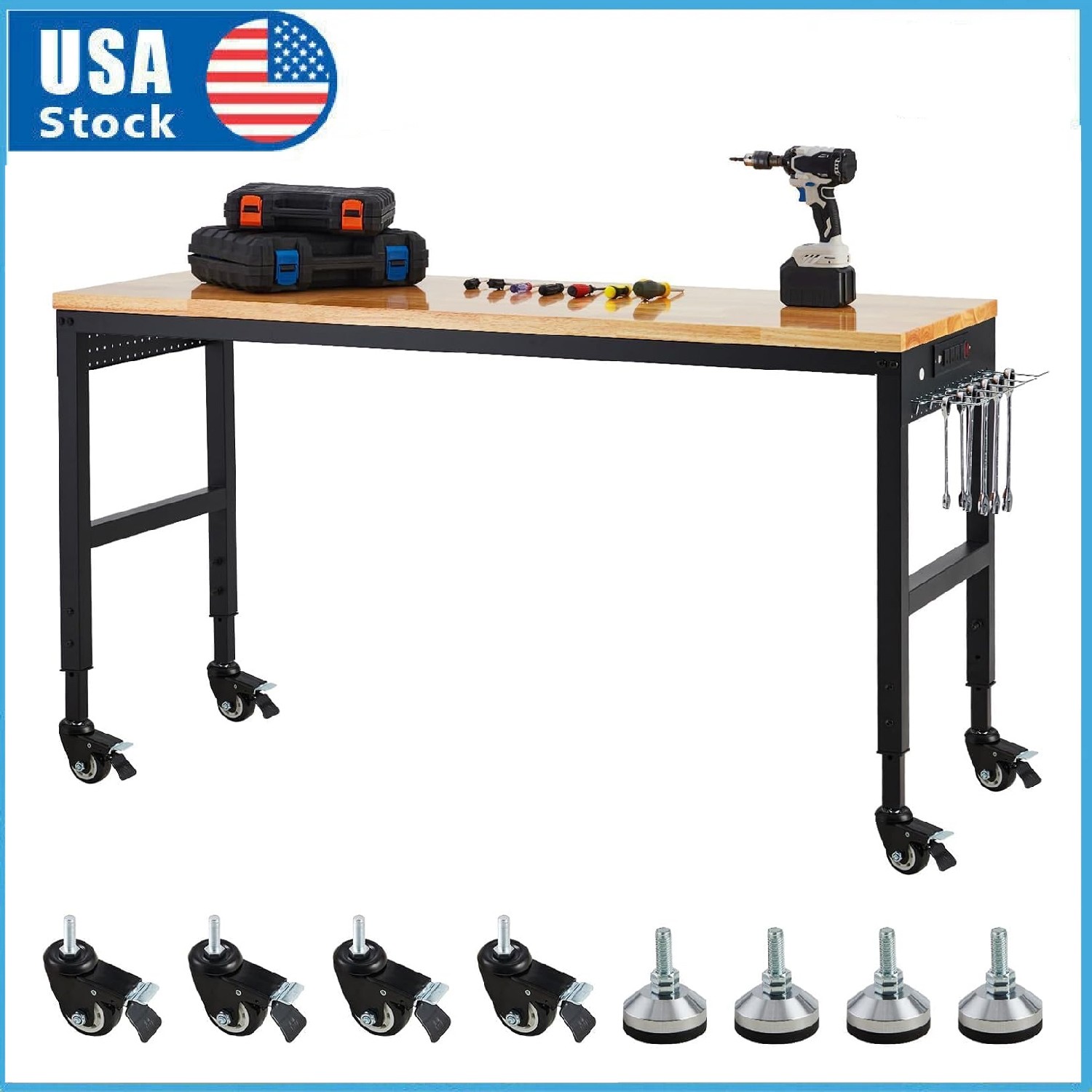 72" Adjustable Workbench 2000LBS Load Heavy Duty Garage Worktable w/Power Outlet