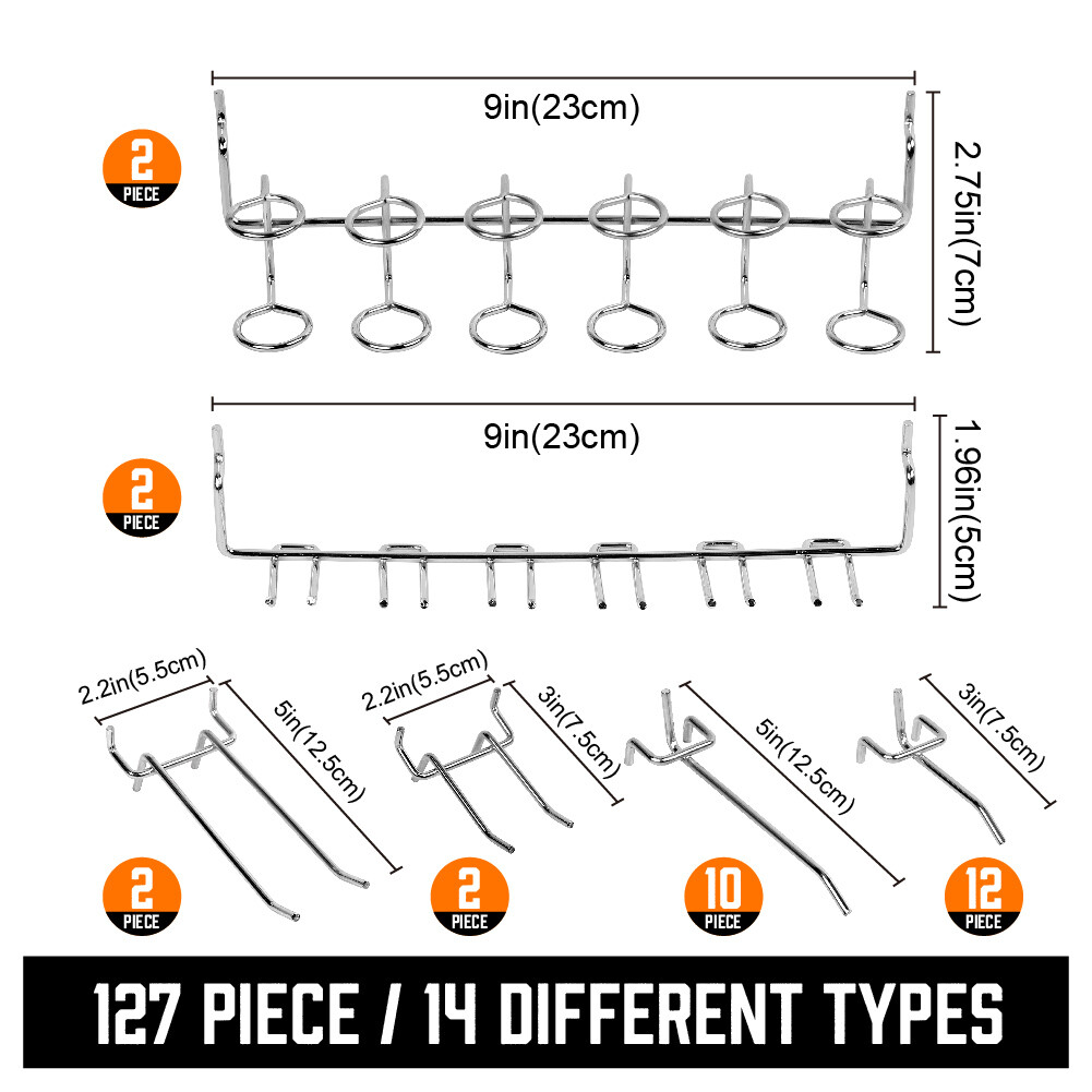 127 Pcs Pegboard Hooks Assortment (3 Baskets 4 pegboard) Organizing Tools