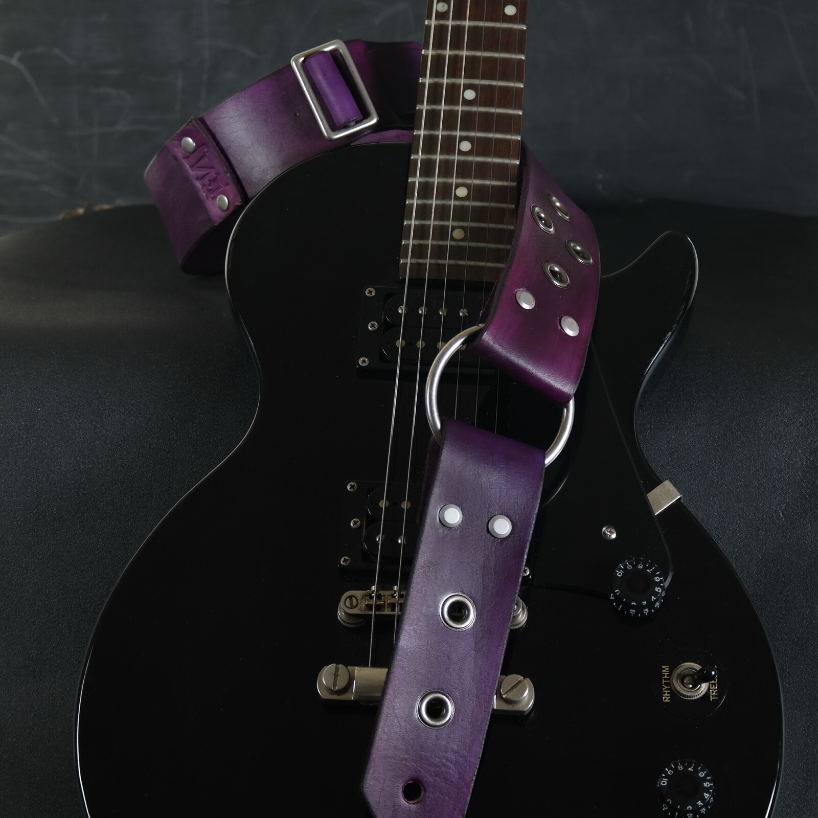 Custom Leather Guitar Strap. Metal Ring. 2” Wide. Deep Violet