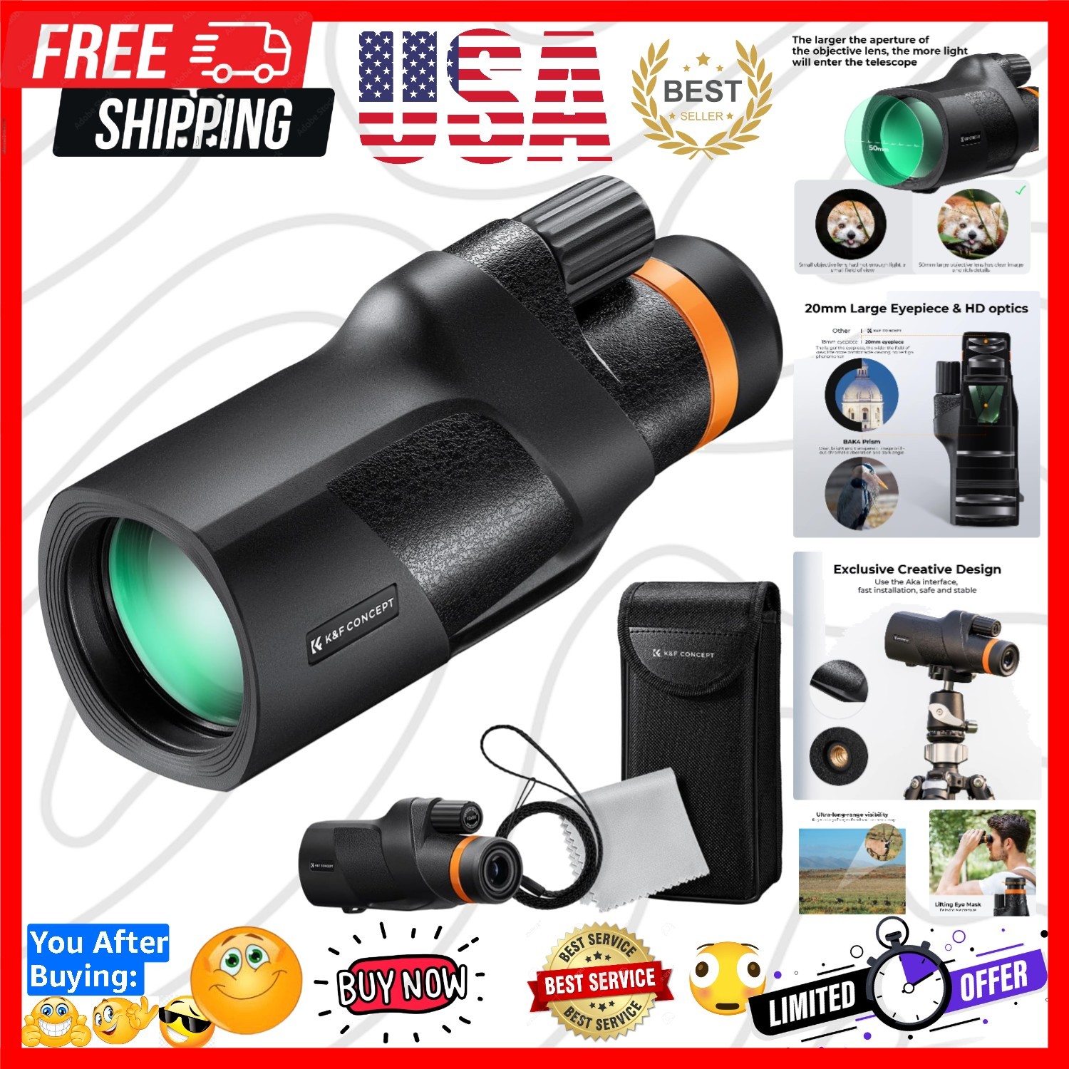 12X50 Monocular Telescope with Cleaning Cloth, FMC Lens & Prism Telescopes fo...