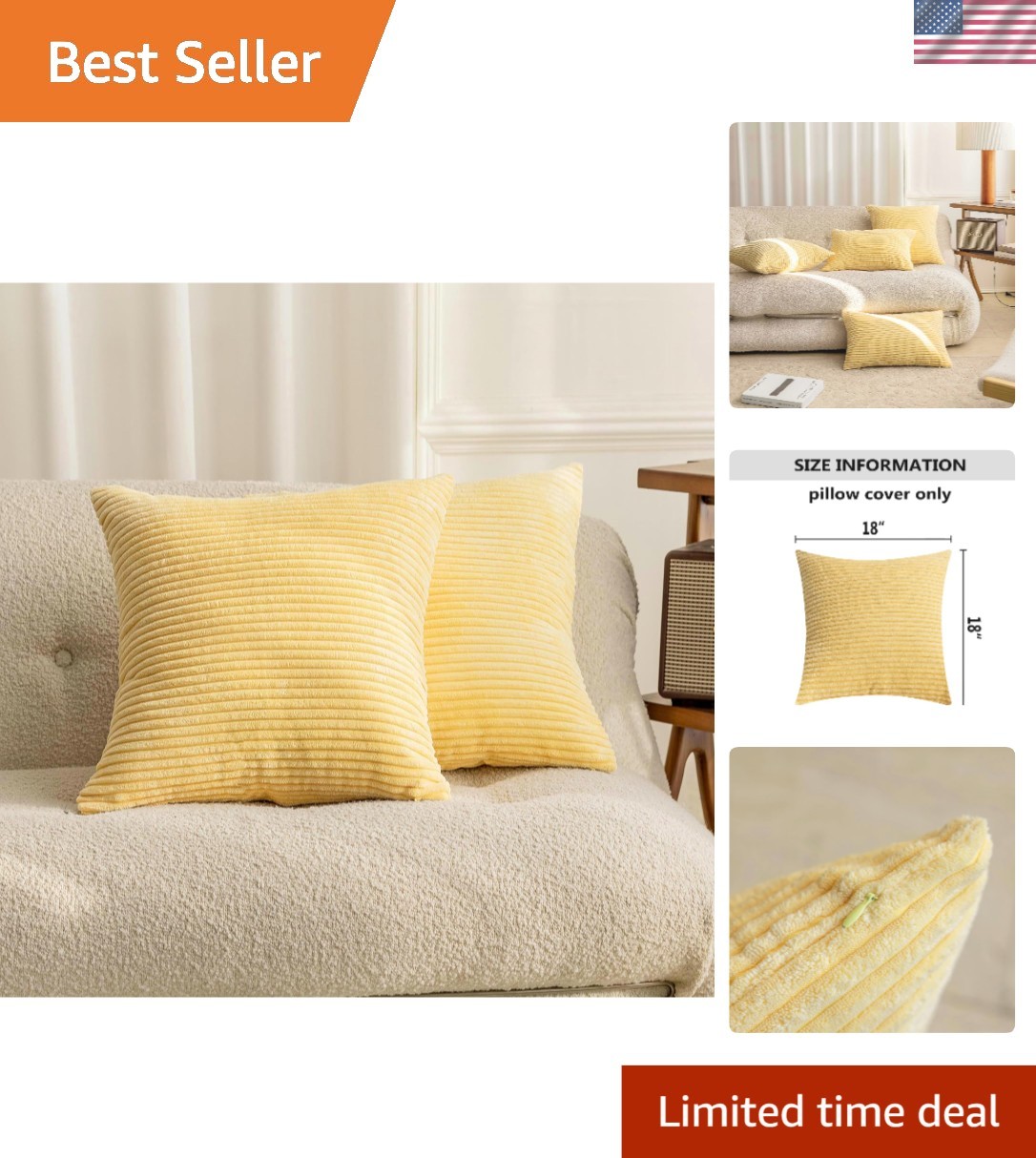 Set of 2 Modern Light Yellow Velvet Pillow Covers, 18x18 Inch for Summer Decor