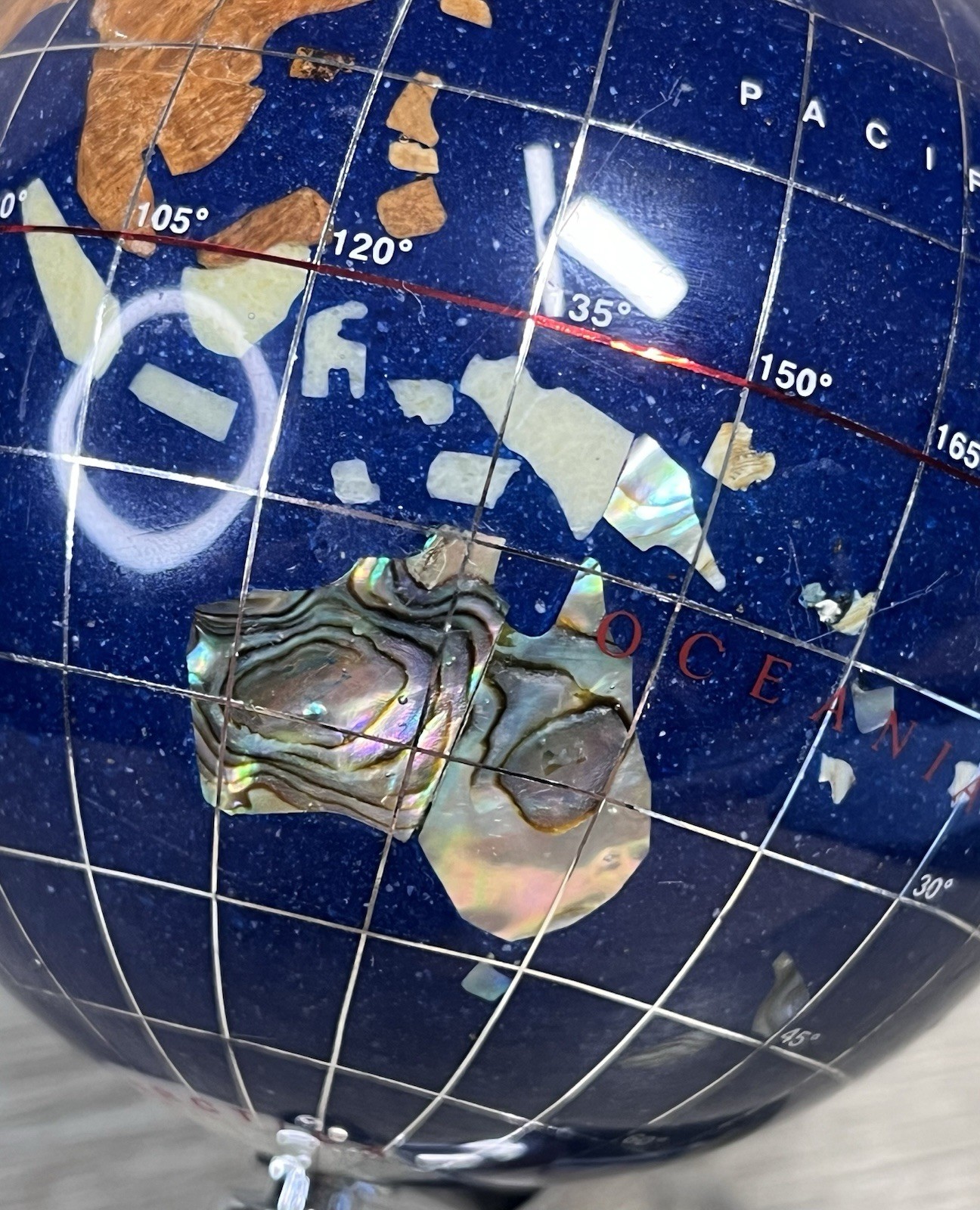 GEMSTONE MINI WORLD GLOBE Semi-Precious Inlay Chrome Stand 5.5" Tabletop Decor
