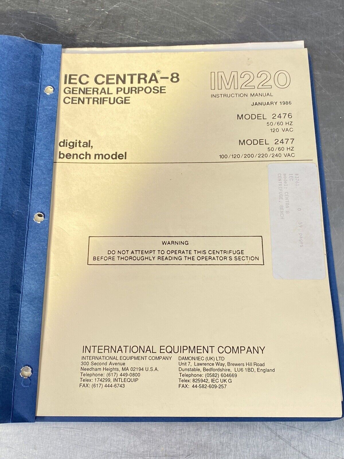 IEC Centra-8 General Purpose Centrifuge IM220 2476 2477 - Users Guide / Manual