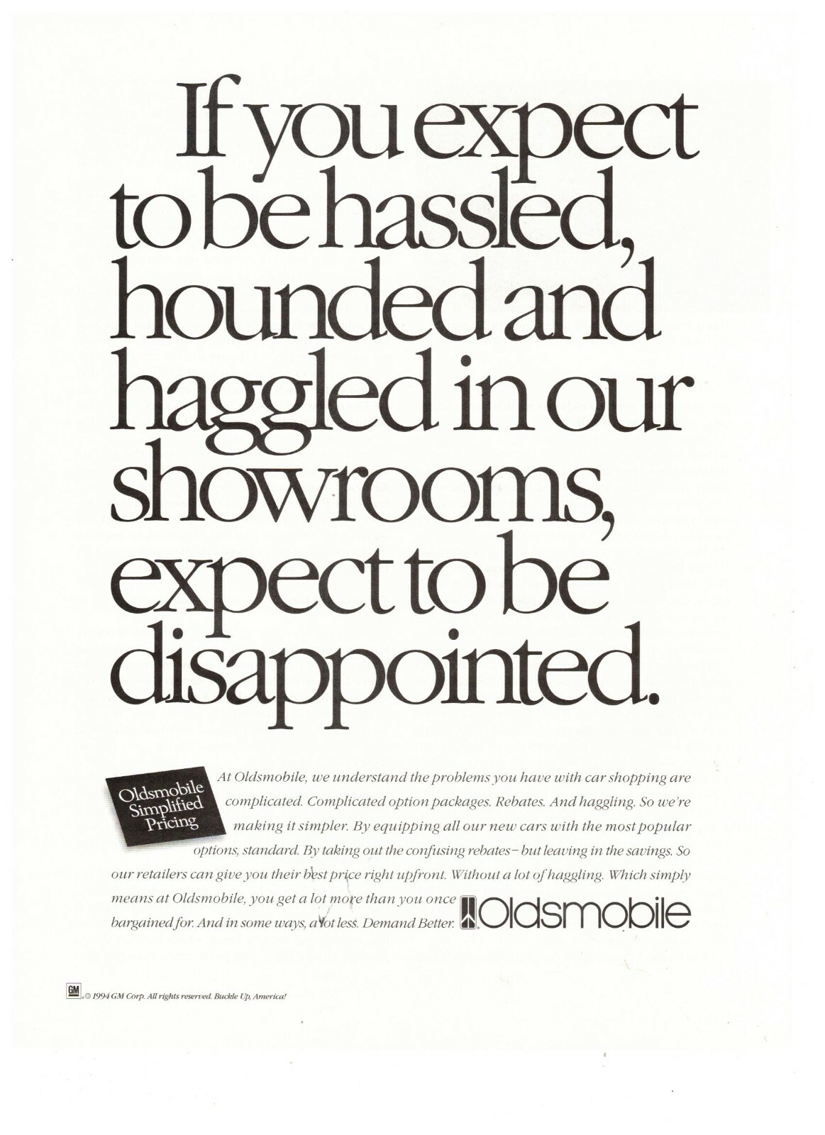 Oldsmobile If You Expect to Be Hassled Be Disappointed Vintage 1995 Print Ad