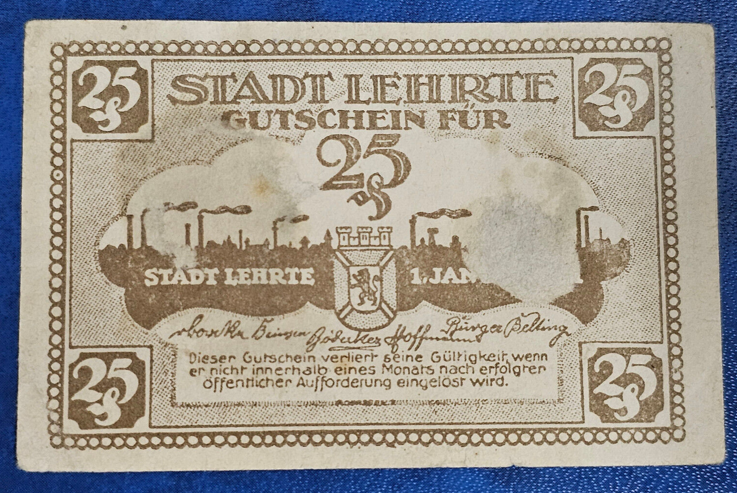 LEHRTE NOTGELD 25 PFFENIG 1921 EMERGENCY MONEY GERMANY BANKNOTE [🇩🇪34952]