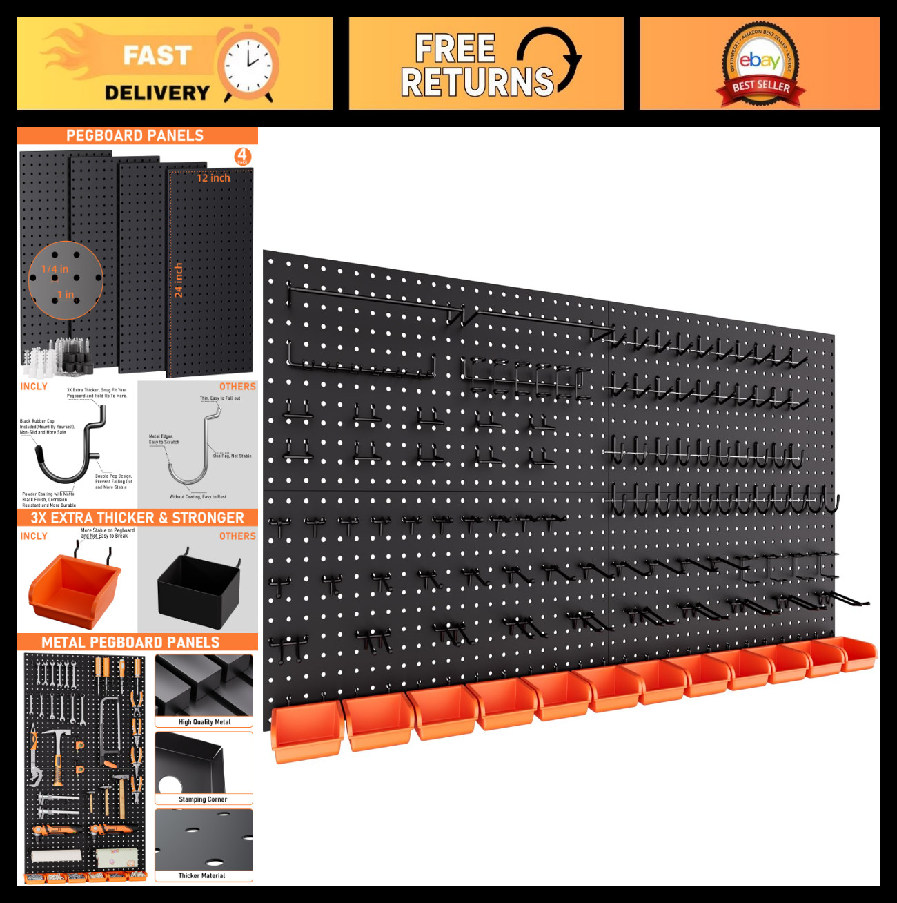 48x24" Metal Pegboard Kit with 156 Hooks & Accessories - Wall Organizer for Gara
