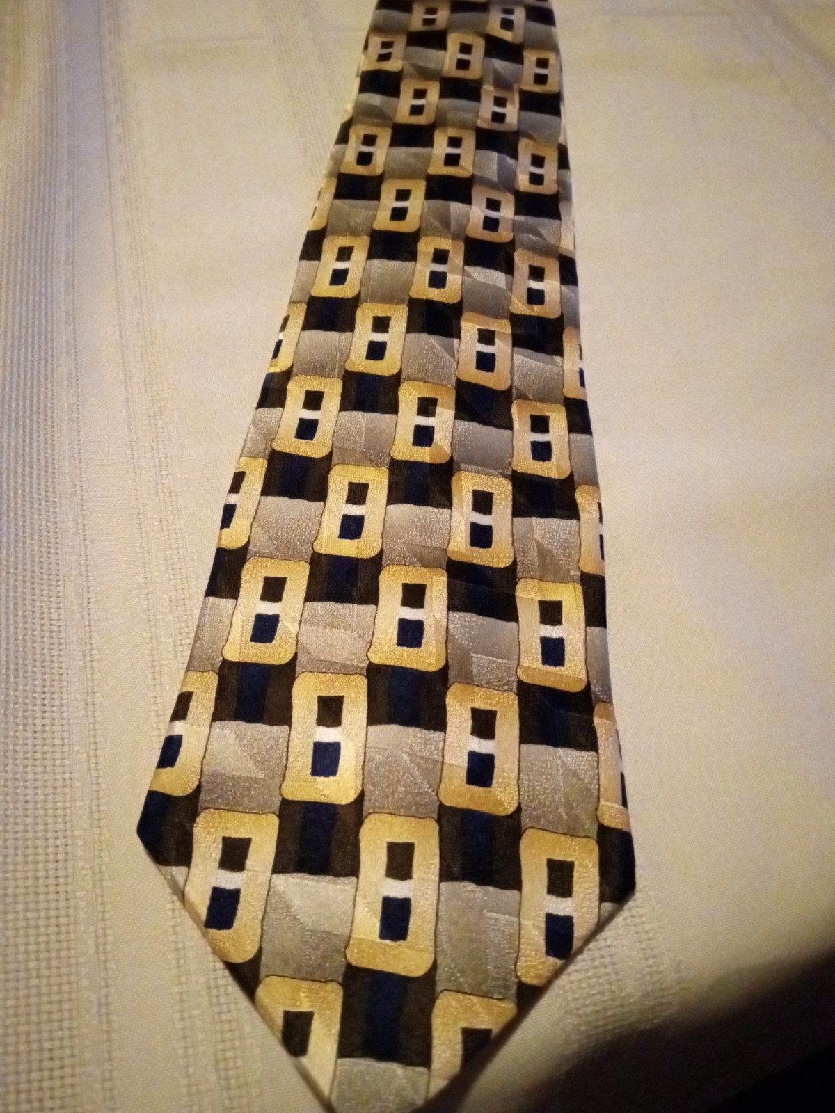 MENS SILK NECKTIE DINO BASSI SILVER TAN BROWN RECTANGLE PATTERN