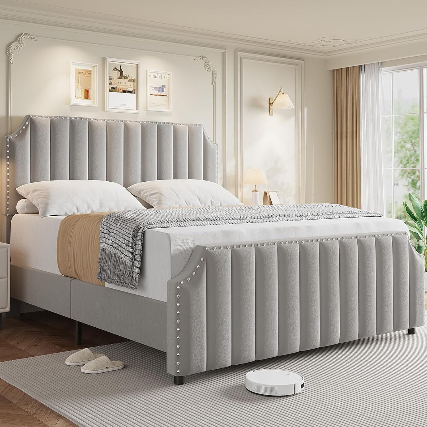 Queen Size Velvet Bed Frame with Nailhead Trim, Upholstered Platform Bed Grey