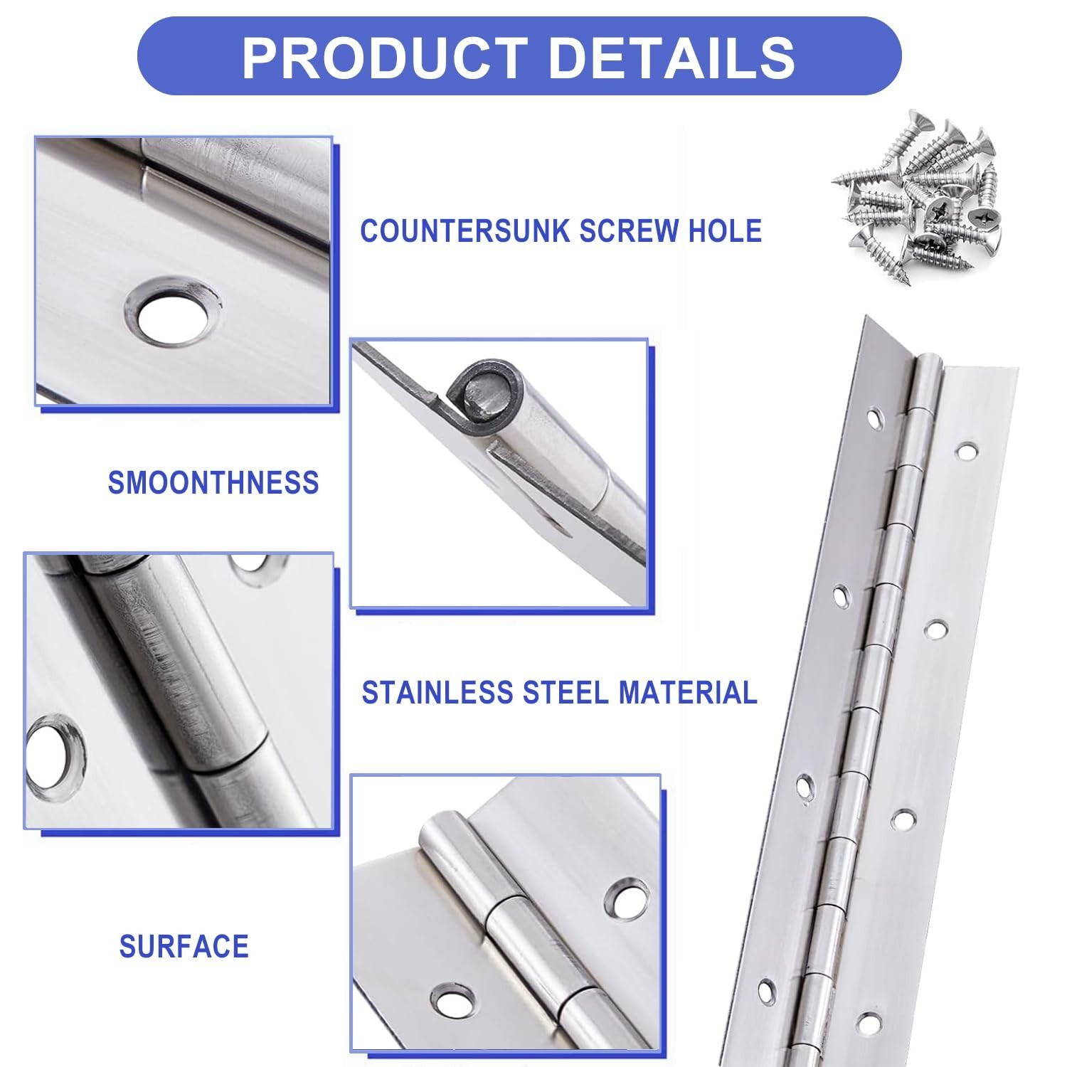 6Pack Silver Continuous & Piano Hinge1.2 OpenWidthX0.04 ThicknessX10'' Heavy ...
