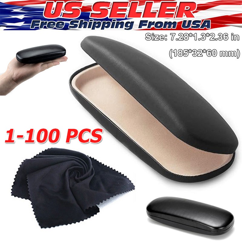 NEW Clam Shell Hard Eyeglasses PU Glasses Case Black w/Microfiber Cleaning Cloth