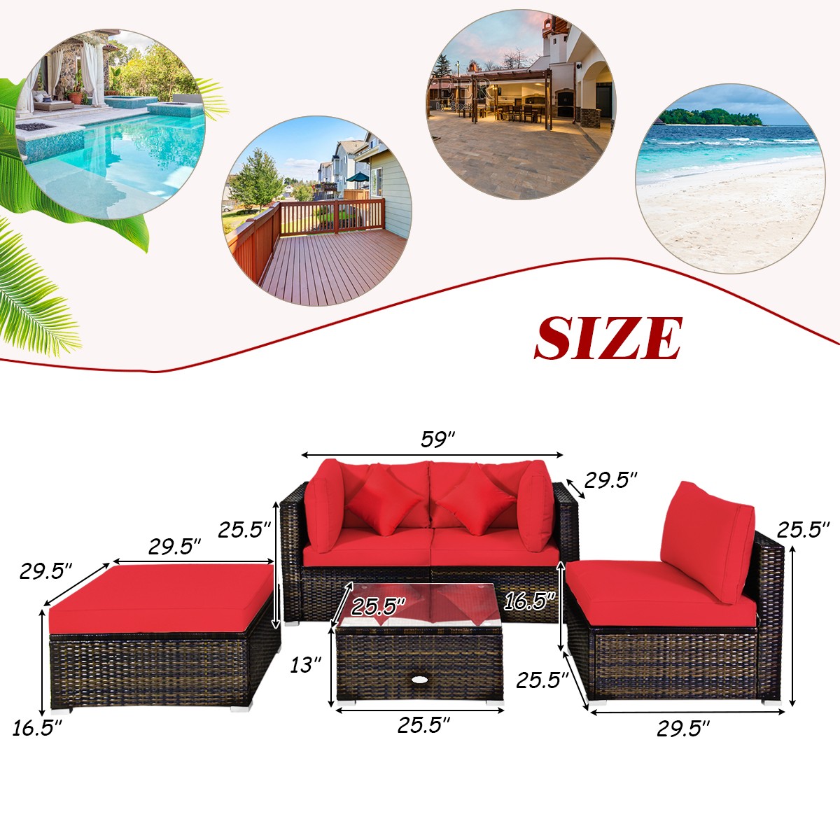 Patiojoy 5PCS Outdoor Rattan Furniture Set Sectional Wicker Sofa Set w/ Cushions