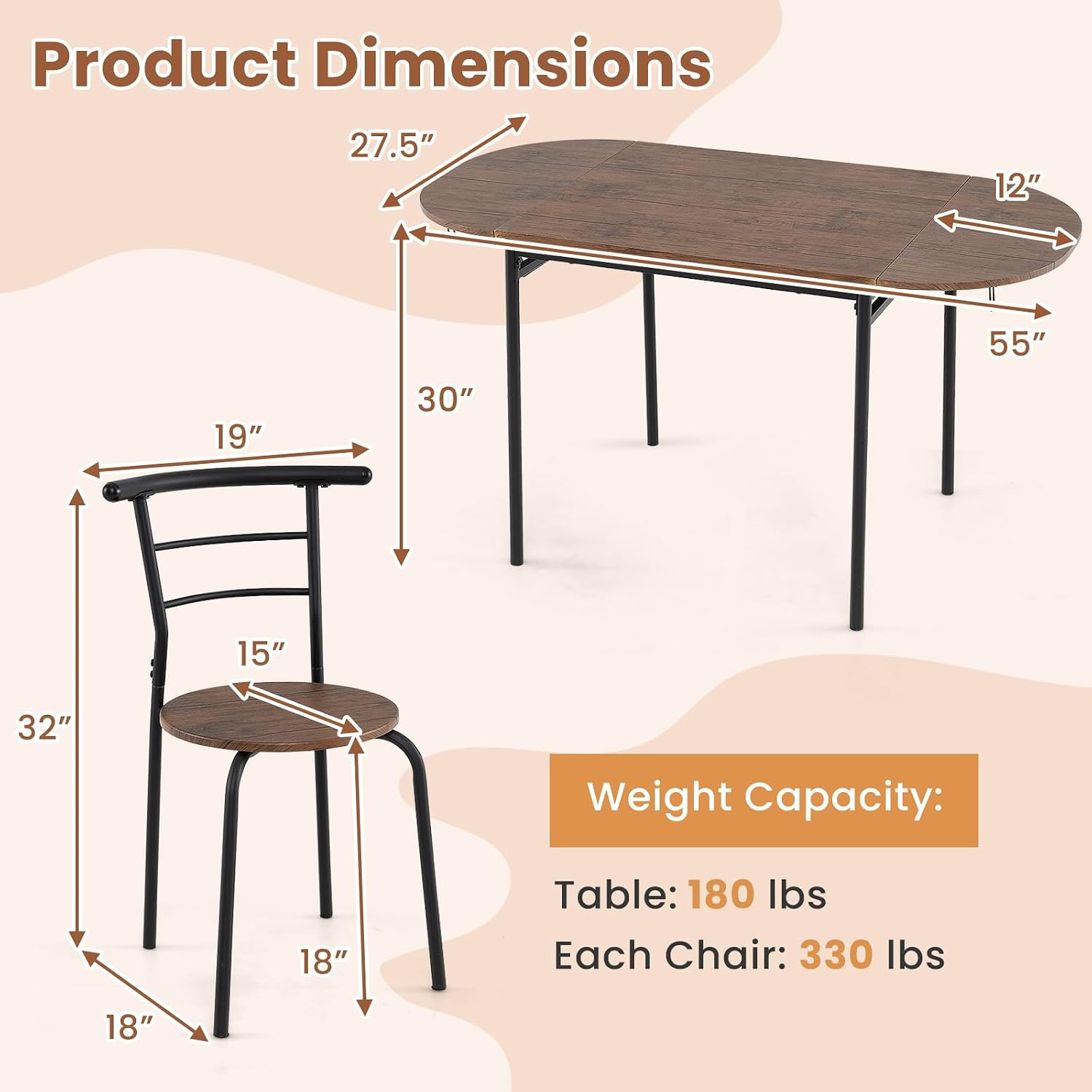3-Piece Dining Table Set for 2, 55-Inches Drop Leaf Kitchen Table with Dining Ch