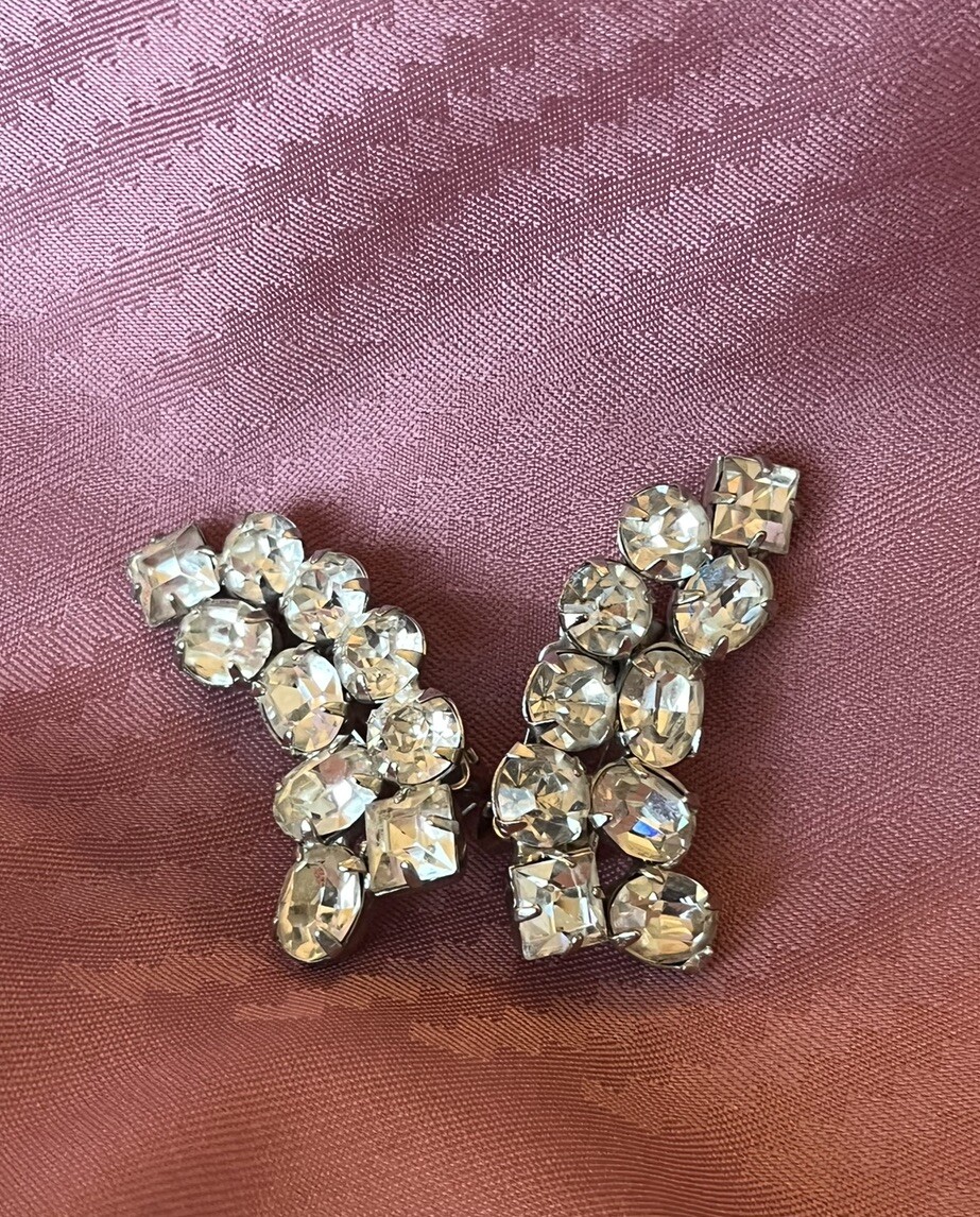 Two Pair Mid Century Clear Rhinestone Statement Earrings