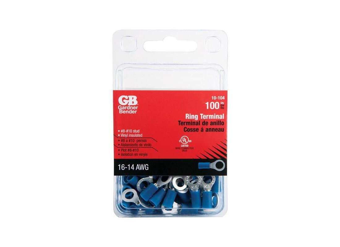 Ring Terminal, 600 V, 16 to 14 AWG Wire, #8 to 10 Stud, Vinyl Insulation, Copper