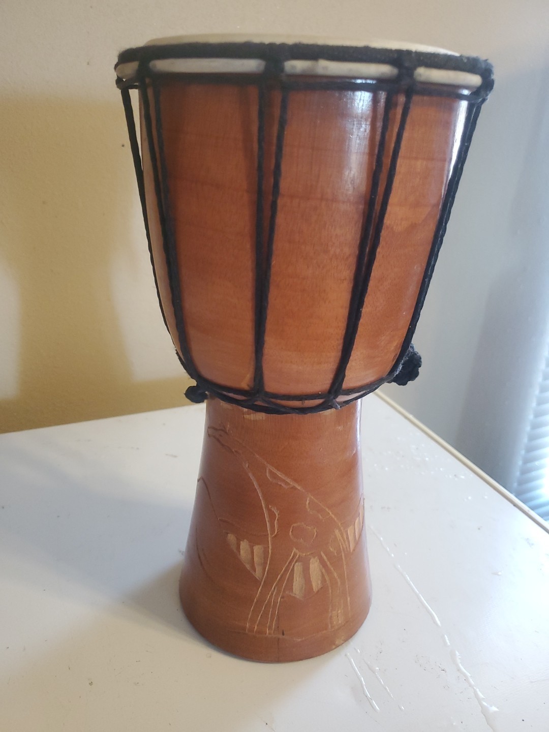 Hand Carved African Djembe Drum 11.75” Wood Giraffe Design Tribal Percussion Art
