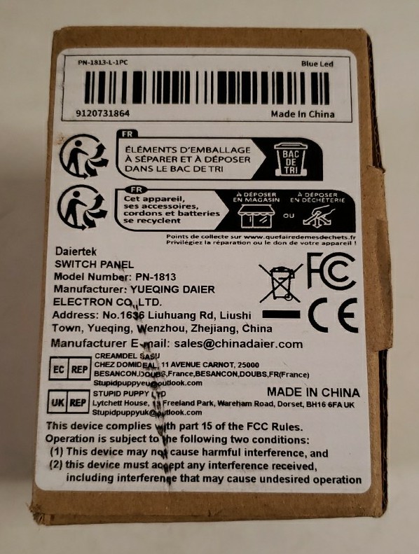Daiertek Switch Panel, Model PN-1813, Blue Led, PN-1813-L-1PC