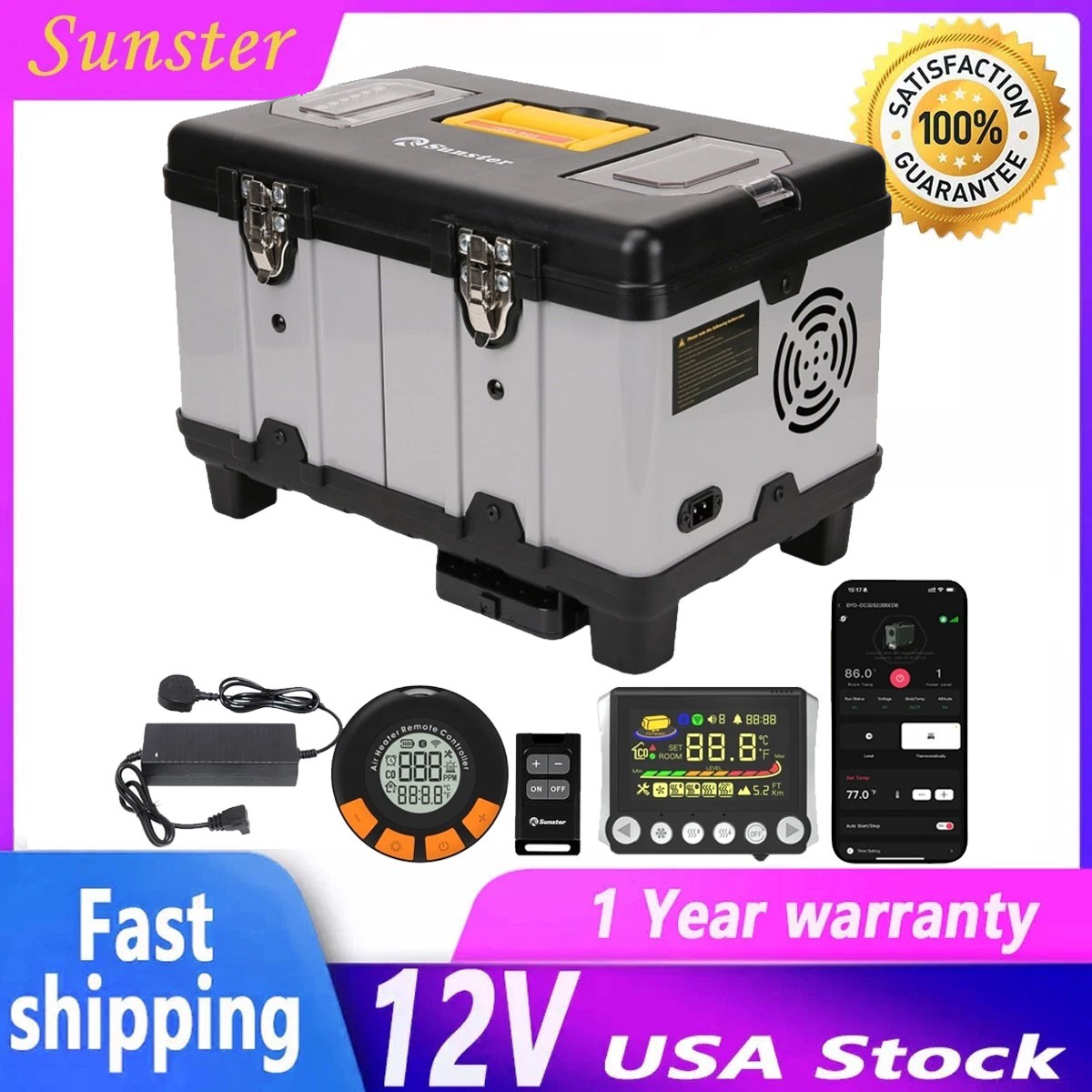 Sunster 8KW 12V Diesel Air Heater W/ bluetooth & 110V AC Adapter For Car RV Tent
