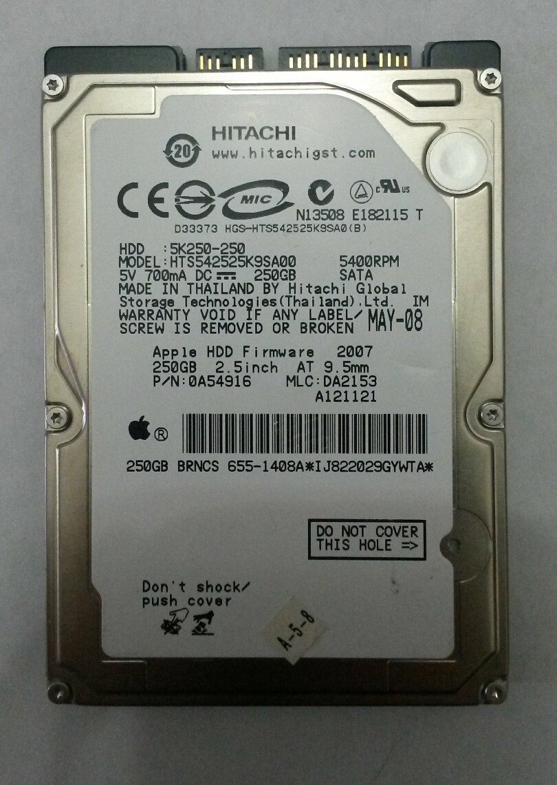 HITACHI HTS542525K9SA00 250GB SATA 5400 RPM P/N:0A54916 MLC:DA2153 F/W: 2007