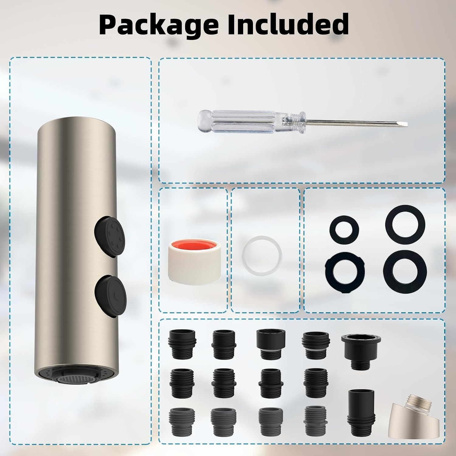 Metal Pull Down Kitchen Faucet Head Replacement with 15 Adapters Brushed Nickel