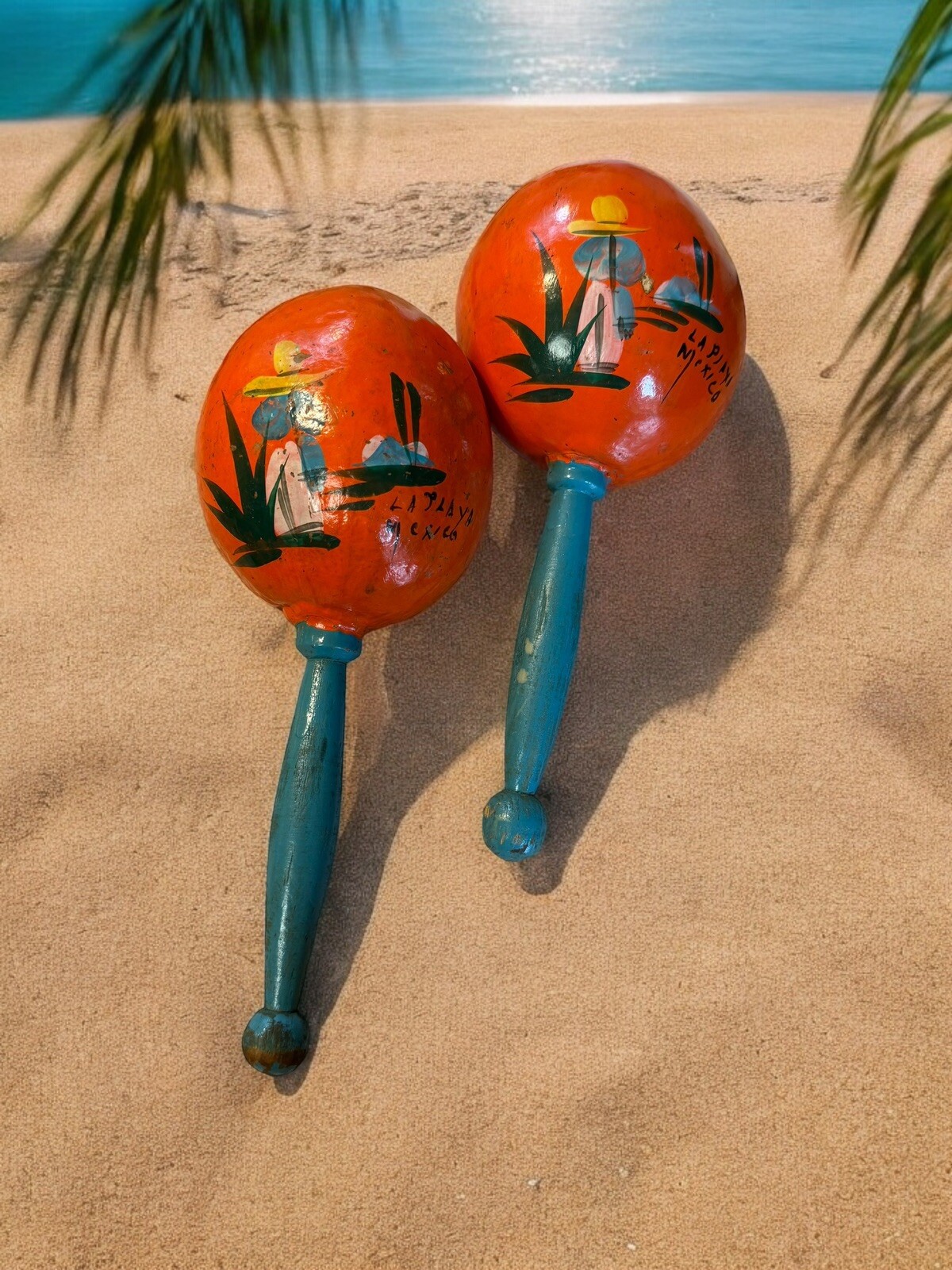 Vintage Hand Painted Wood Maraca Shaker Set  Artwork La Playa Siesta Mexico
