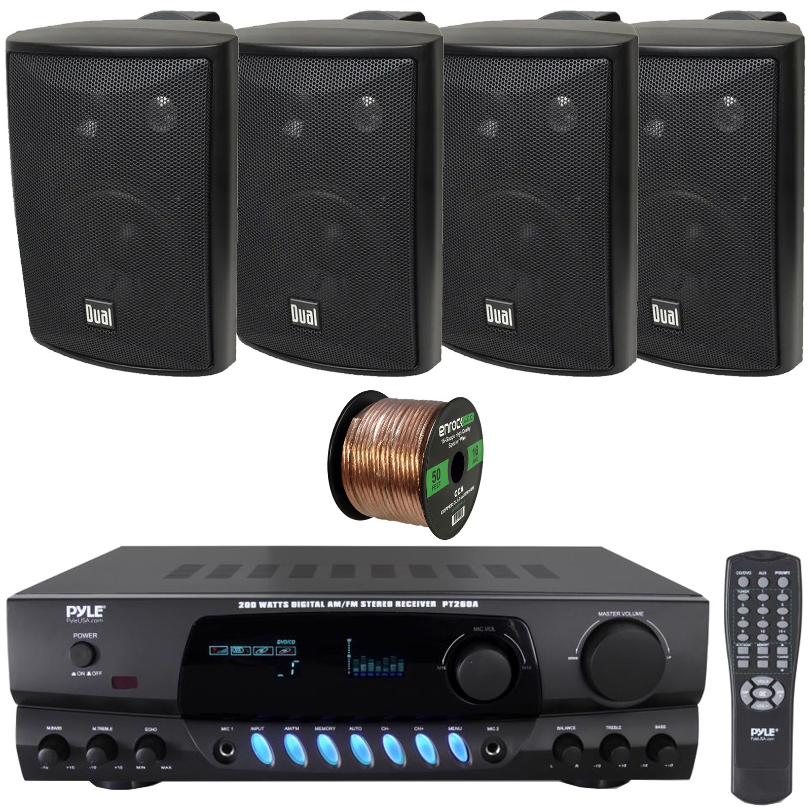 Pyle Digital 200 Watts AM/FM Receiver, 4x 4" Indoor/Outdoor Black Speakers, Wire