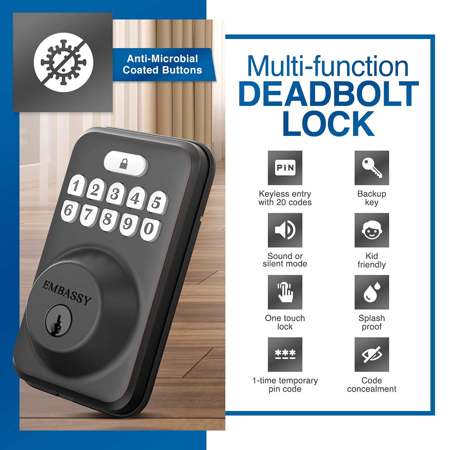 Electronic Keyless Entry Door Lock Illuminated Keypad Deadbolt Auto US10b