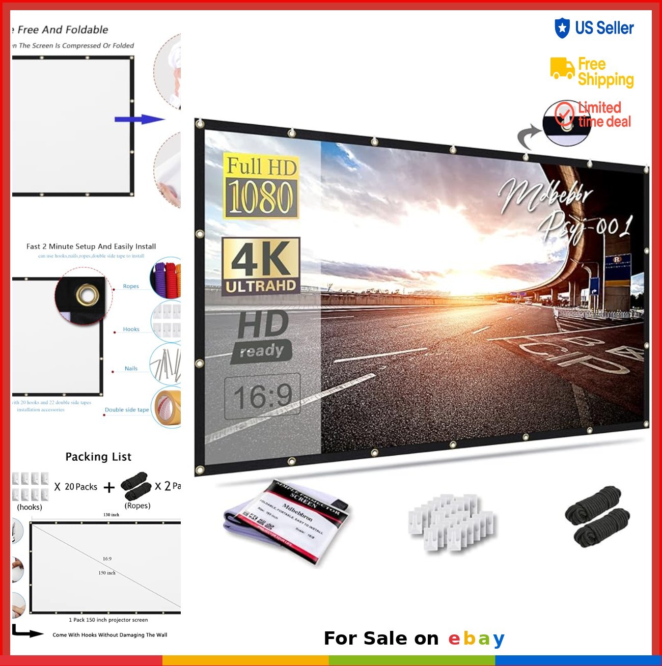 Projection Screen 150 Inch 16:9 Foldable Portable Anti-Crease Polyester for