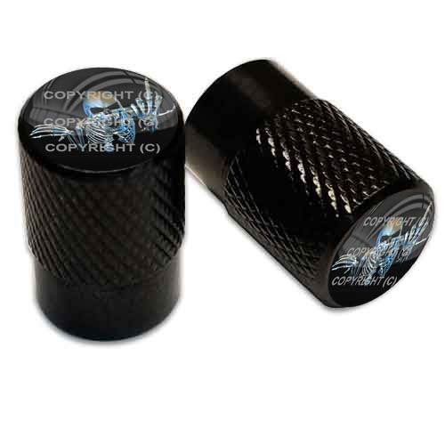2 Black Billet Aluminum Knurled Tire Air Valve Stem Caps - SKELETON FINGER 061