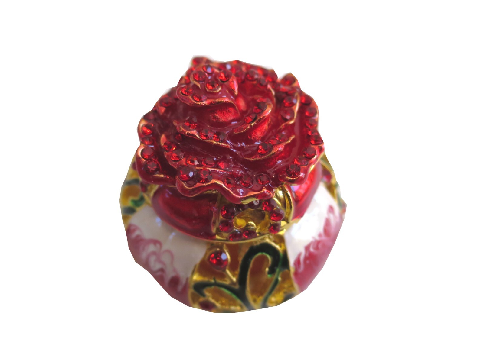 Bejeweled Pretty Red Rose Round Box Hinged Metal Enameled Rhinestone Trinket