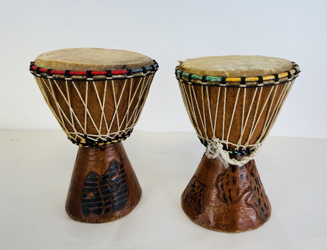 Vintage Hand Carved Wooden African Djembe Mini Drum Pair, 8” Tall