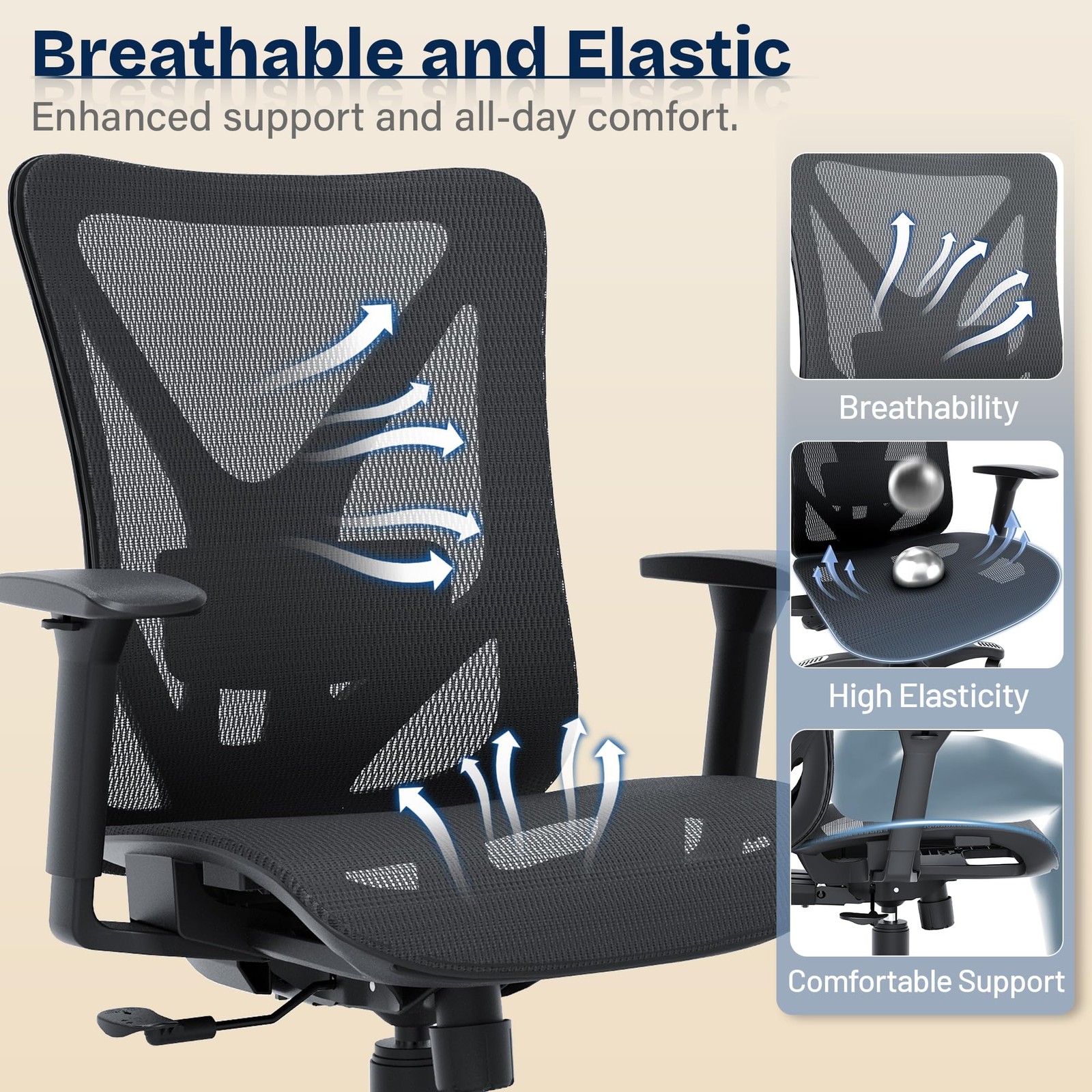Ergonomic Office Chair, Mesh Computer Desk Chairs with Adjustable Lumbar Supp...
