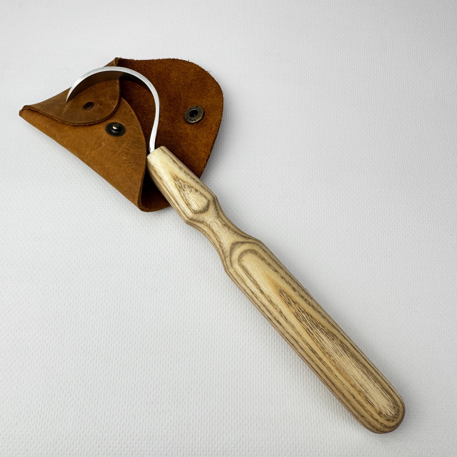 Long Hook Knife – Hand-Forged 52100 Steel, Ash Handle, Sheath, For Spoon Work
